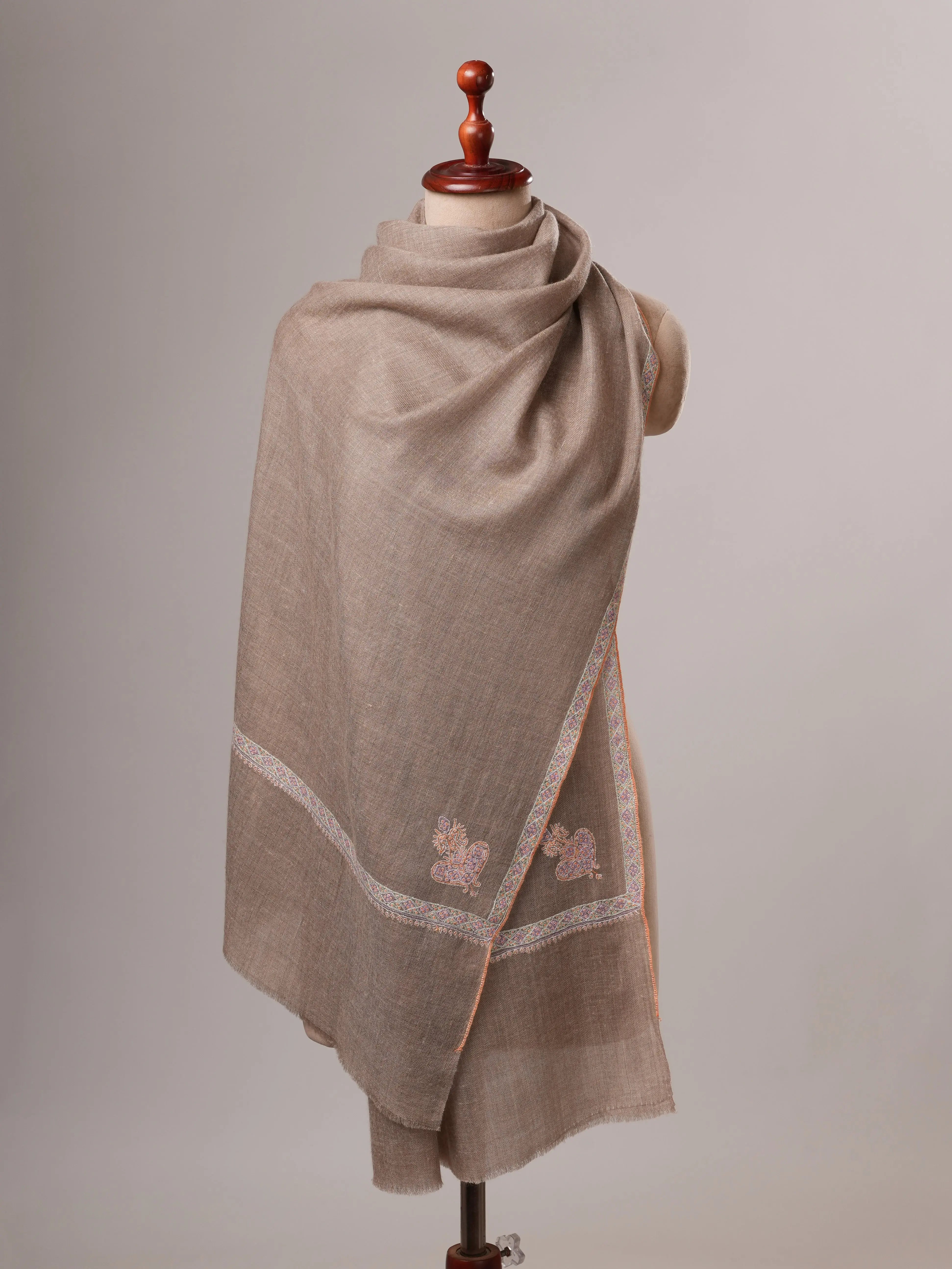 Natural Grey Cashmere Scarf with Hashia Hand Embroidery & Corner Paisley Shahkaar