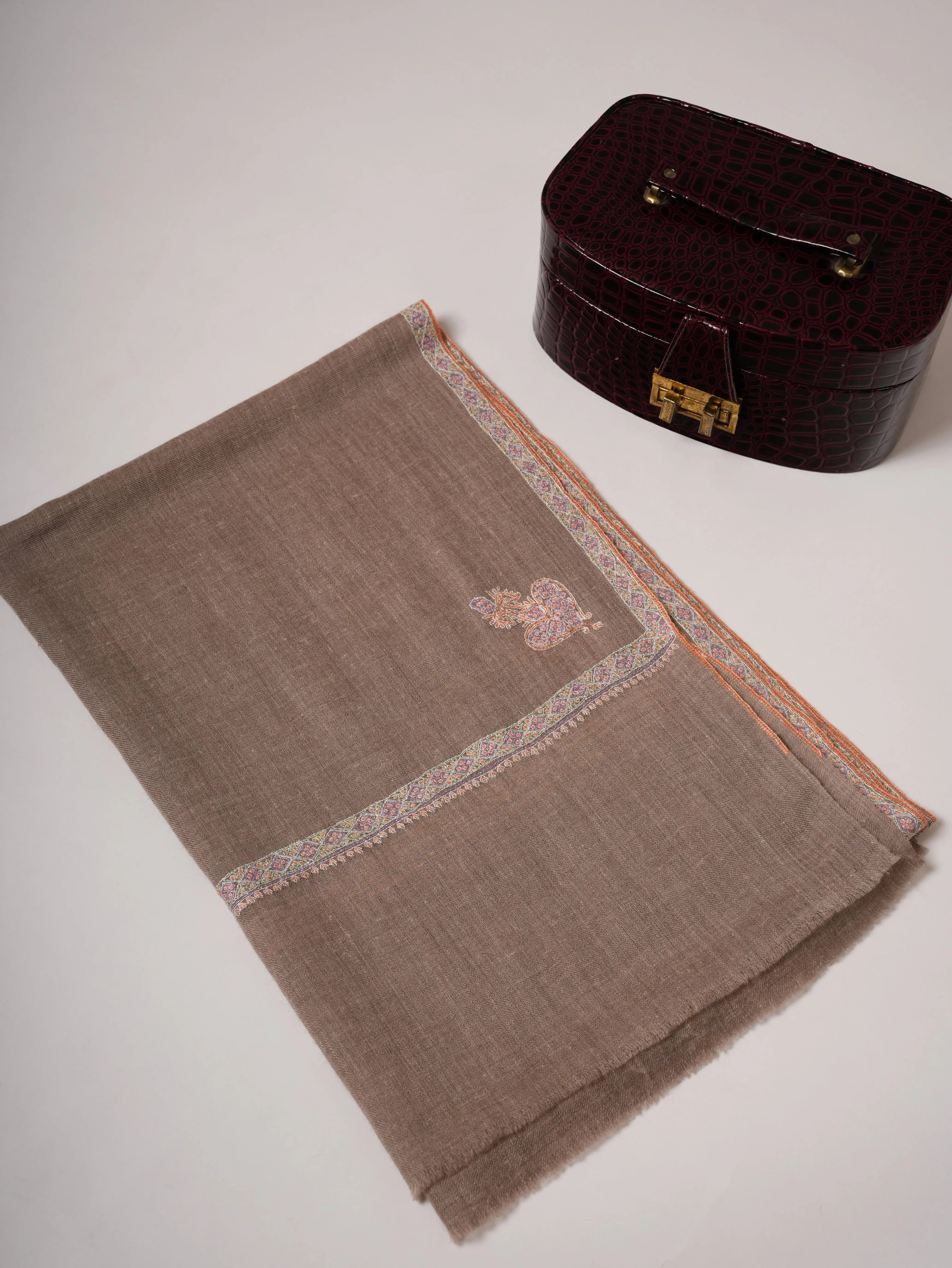 Natural Grey Cashmere Scarf with Hashia Hand Embroidery & Corner Paisley Shahkaar