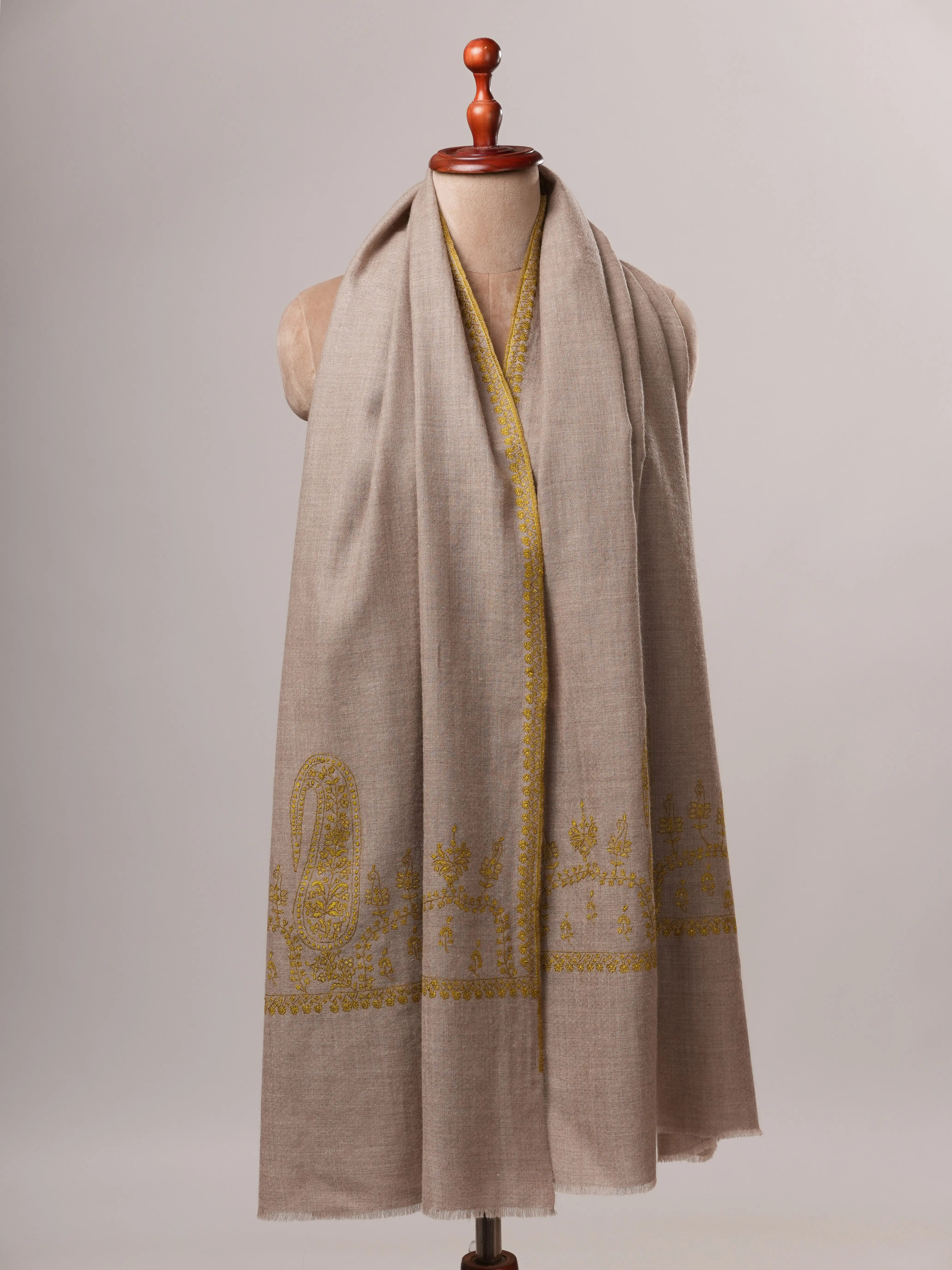 Natural Grey Cashmere Scarf with Palla Hand Embroidery Shahkaar