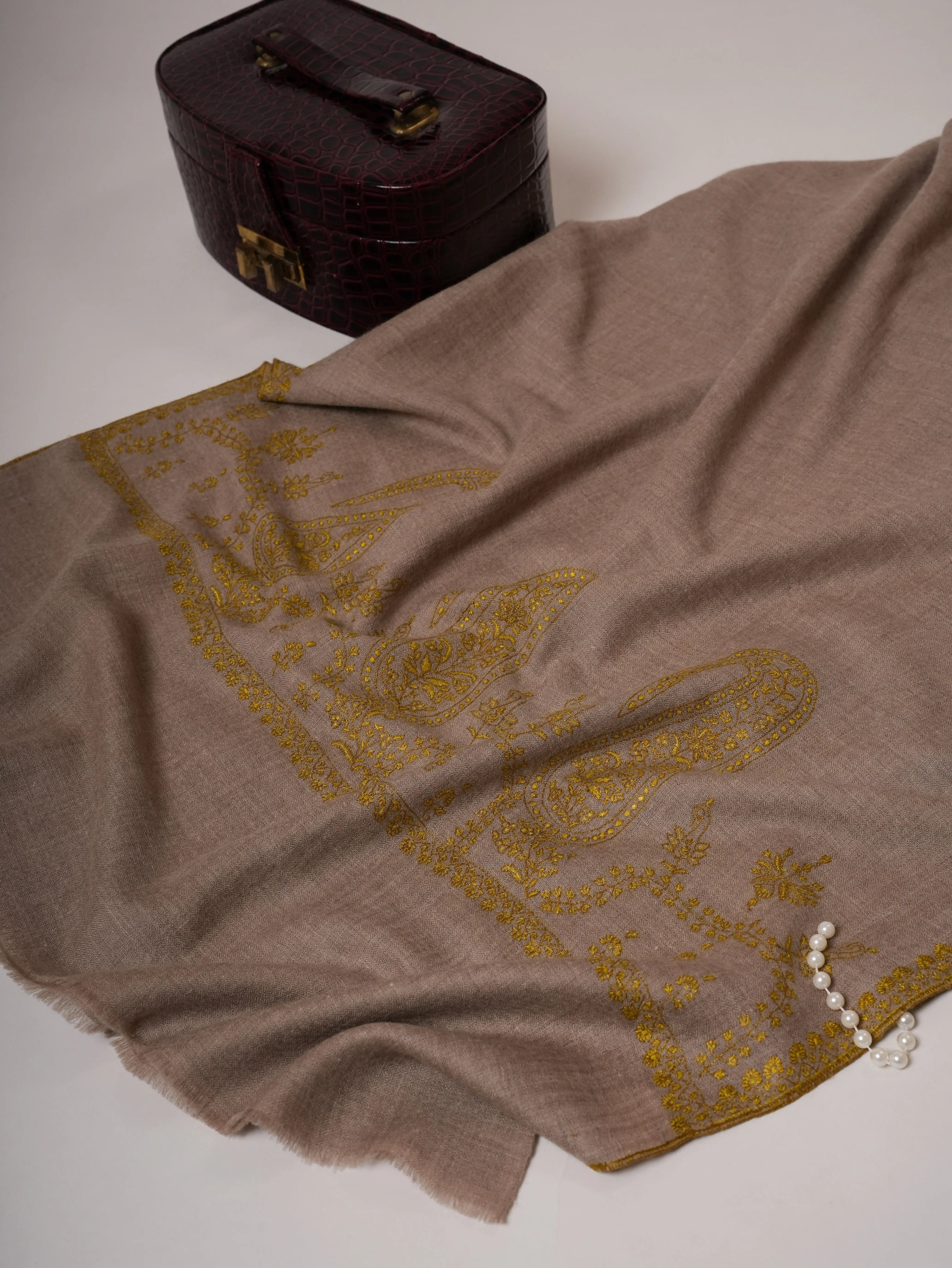 Natural Grey Cashmere Scarf with Palla Hand Embroidery Shahkaar