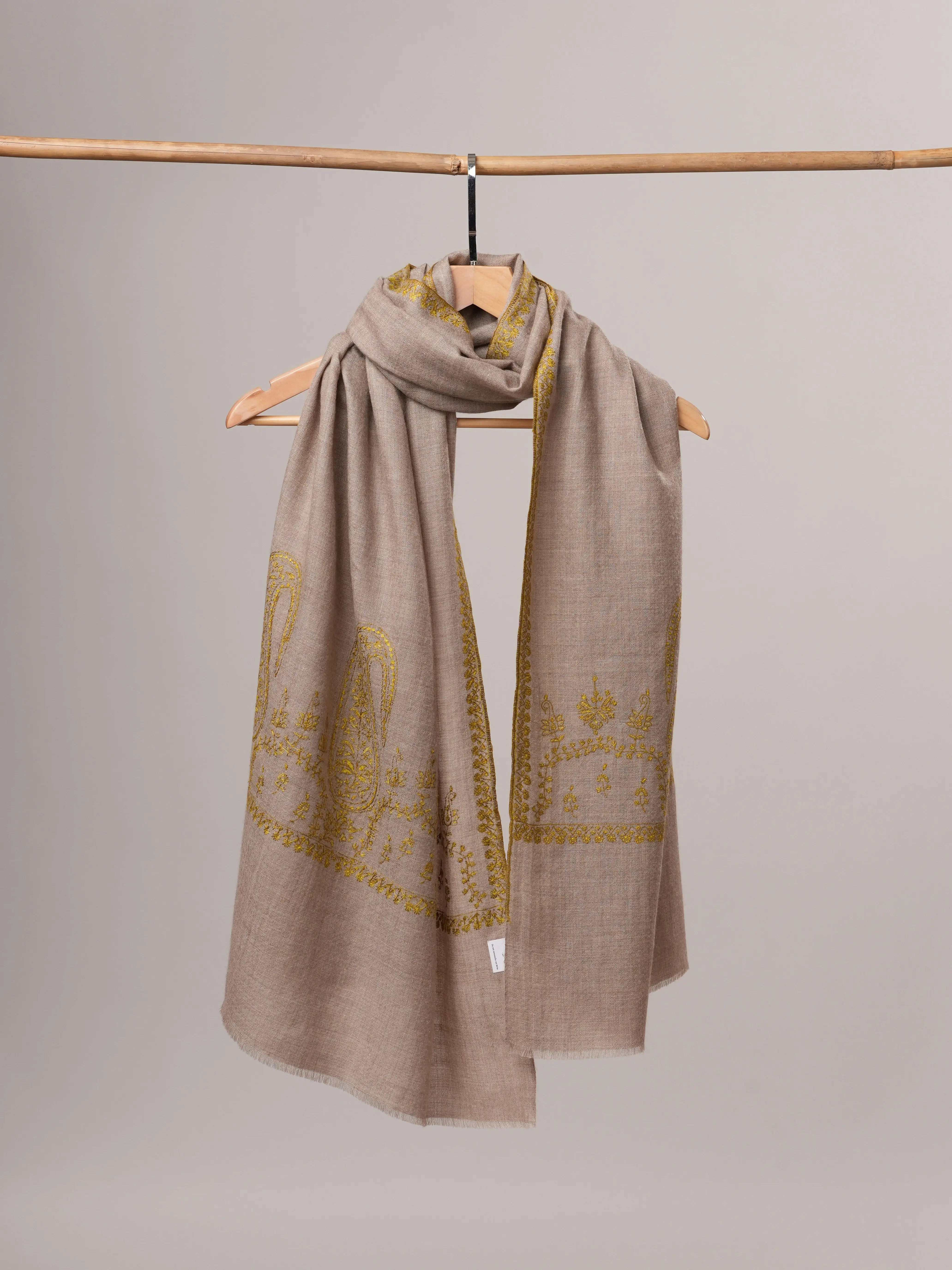 Natural Grey Cashmere Scarf with Palla Hand Embroidery Shahkaar