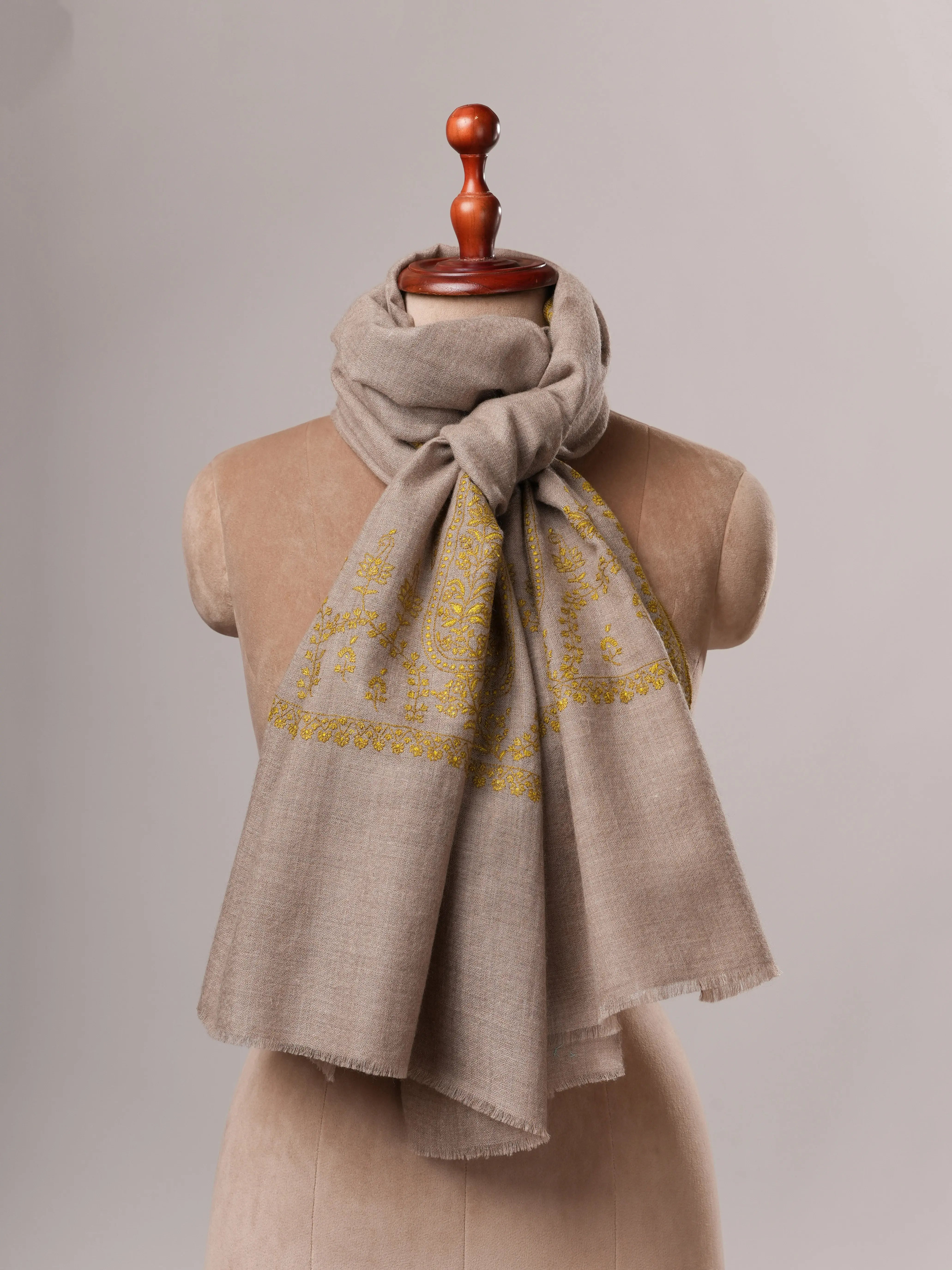Natural Grey Cashmere Scarf with Palla Hand Embroidery Shahkaar