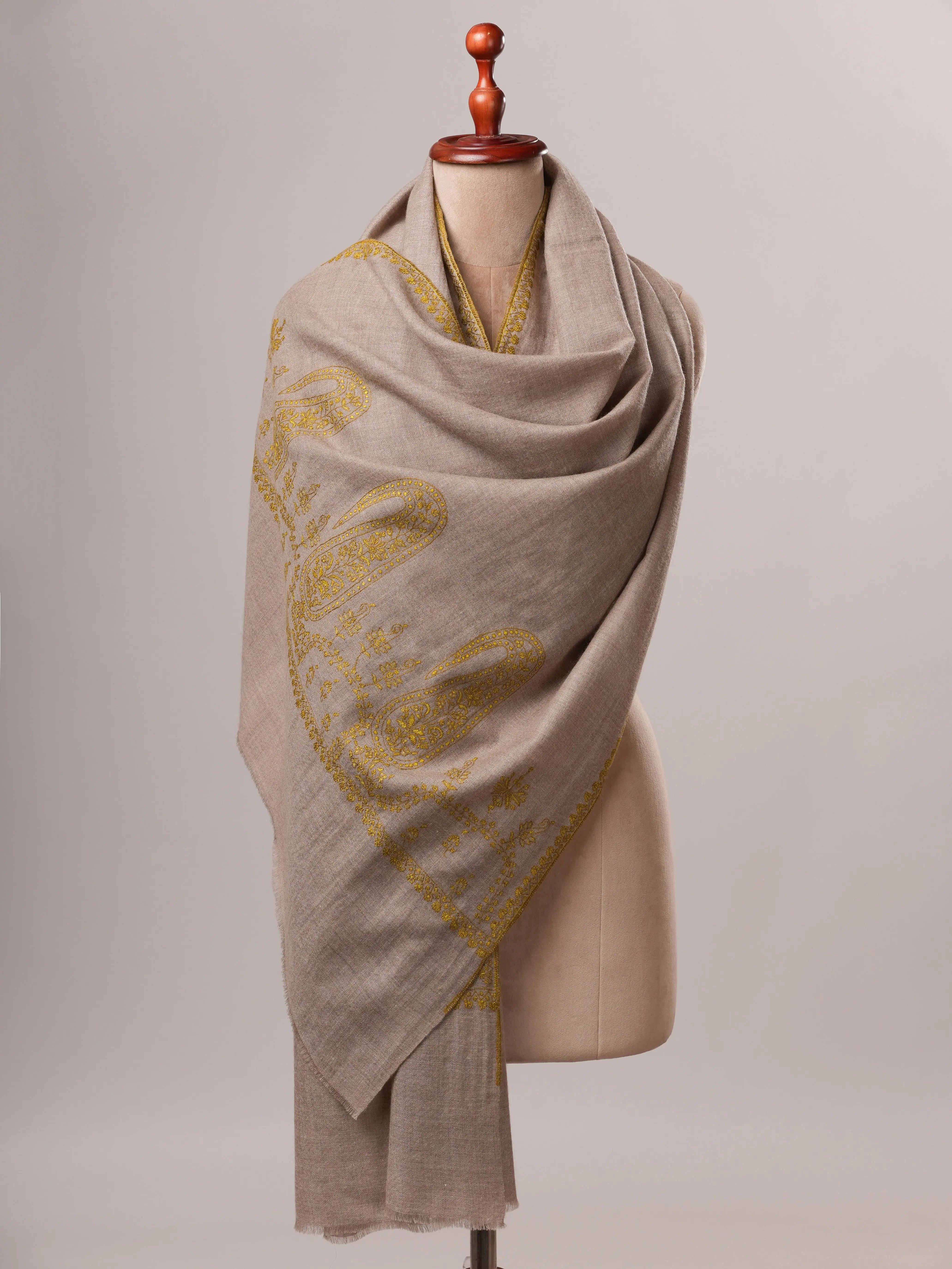 Natural Grey Cashmere Scarf with Palla Hand Embroidery Shahkaar