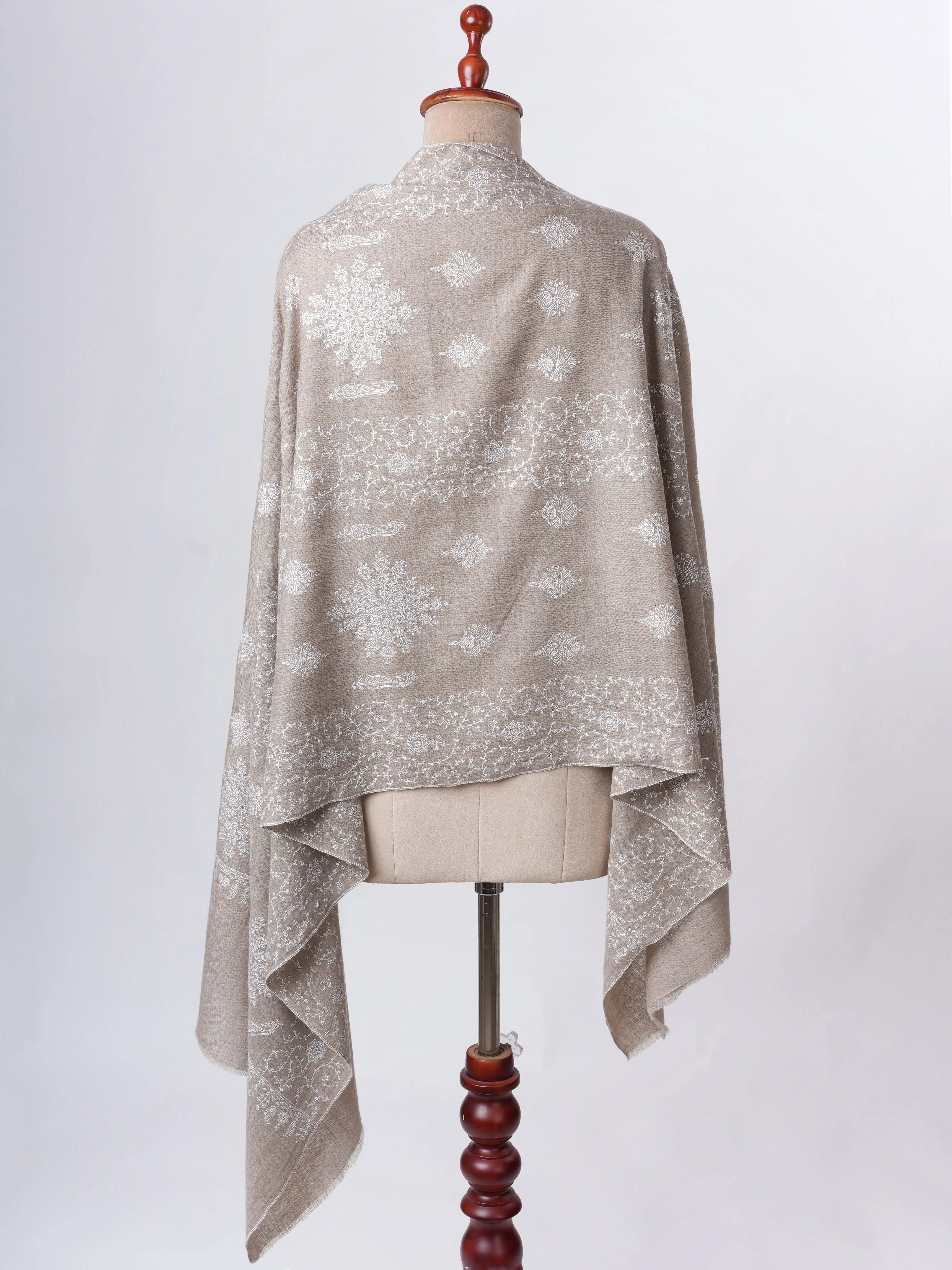 Natural Grey Cashmere Scarf with White Hand Embroidery – Minimalist Artisanal Luxury Shahkaar