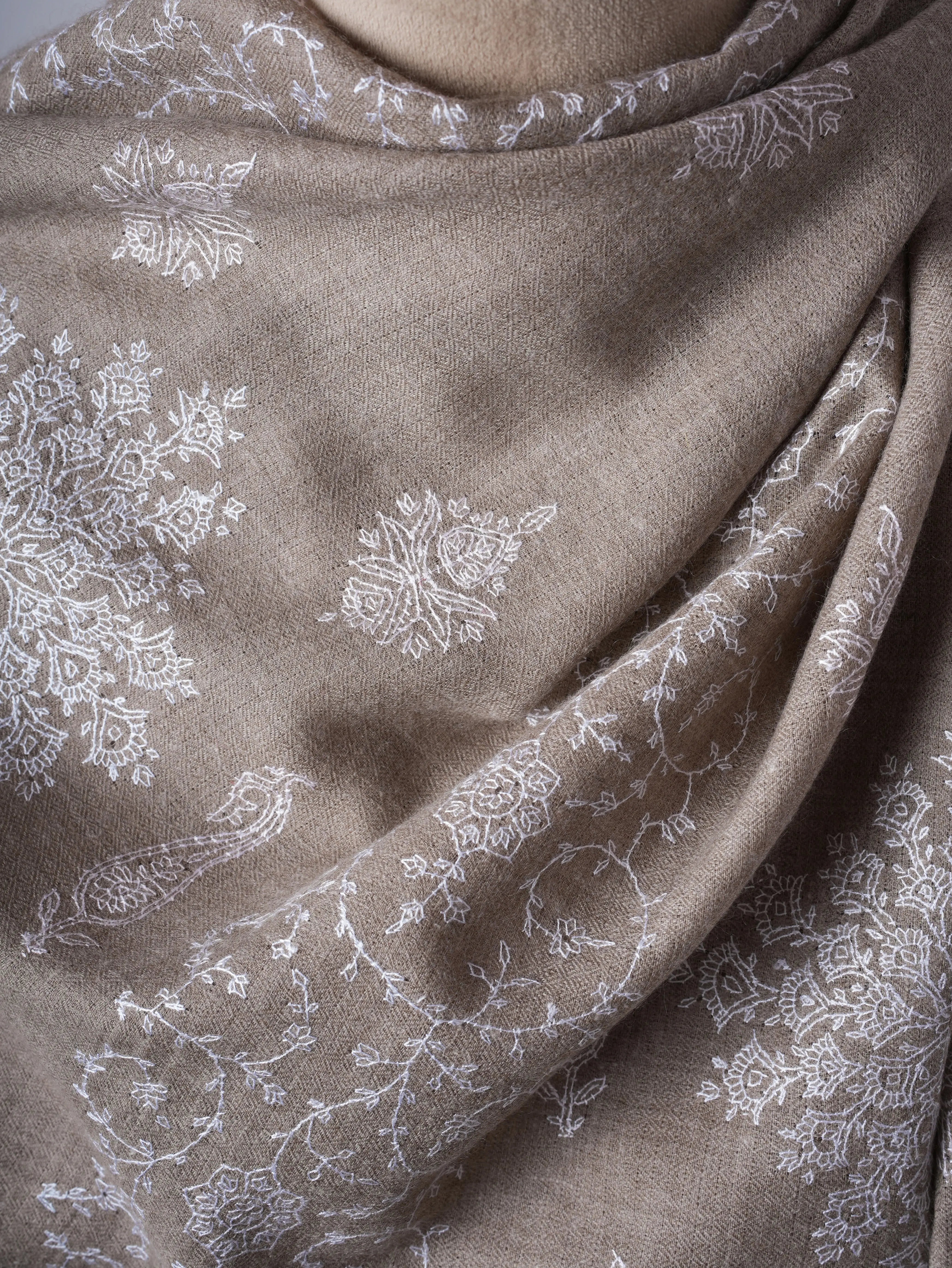 Natural Grey Cashmere Scarf with White Hand Embroidery – Minimalist Artisanal Luxury Shahkaar
