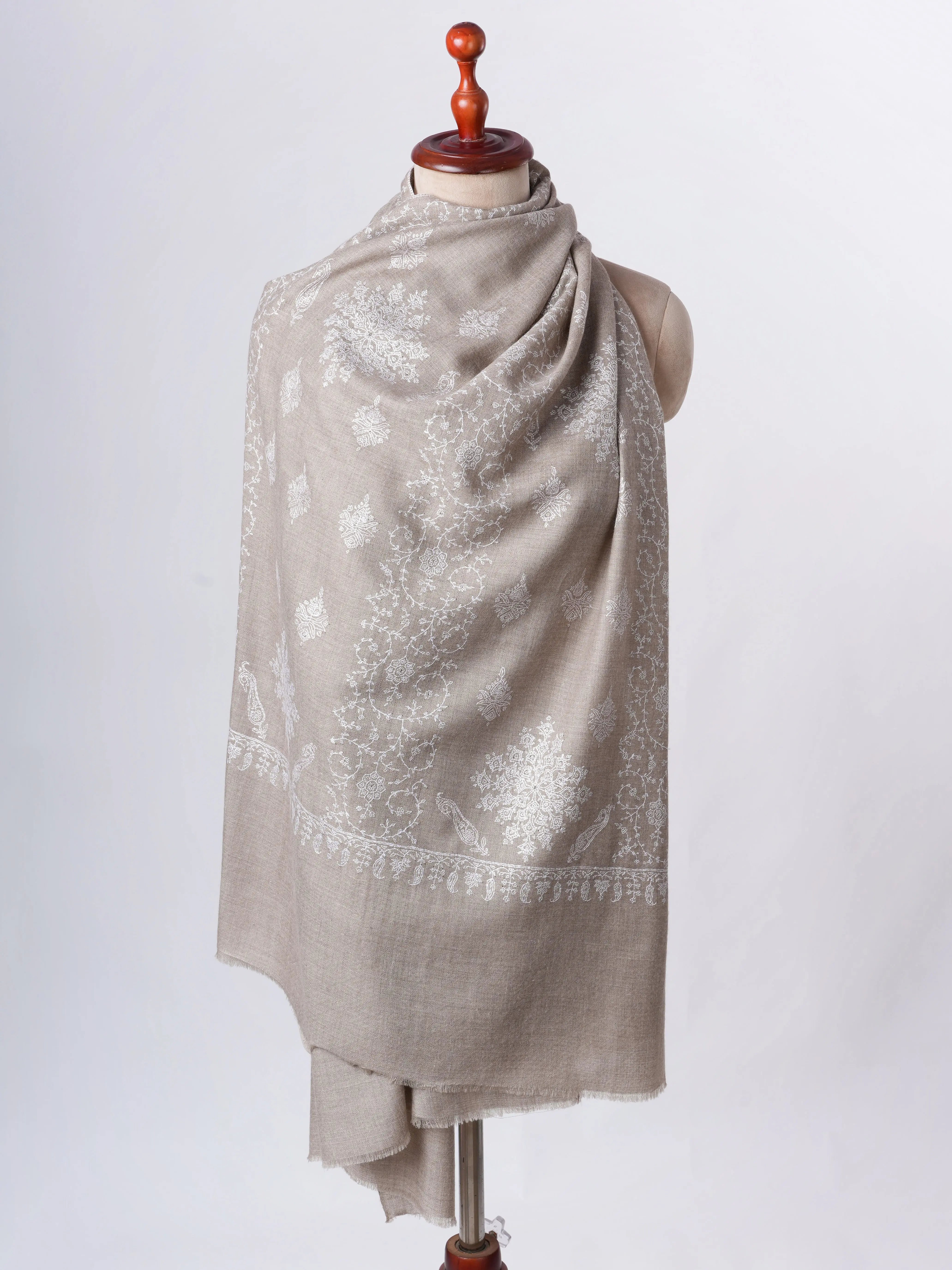 Natural Grey Cashmere Scarf with White Hand Embroidery – Minimalist Artisanal Luxury Shahkaar