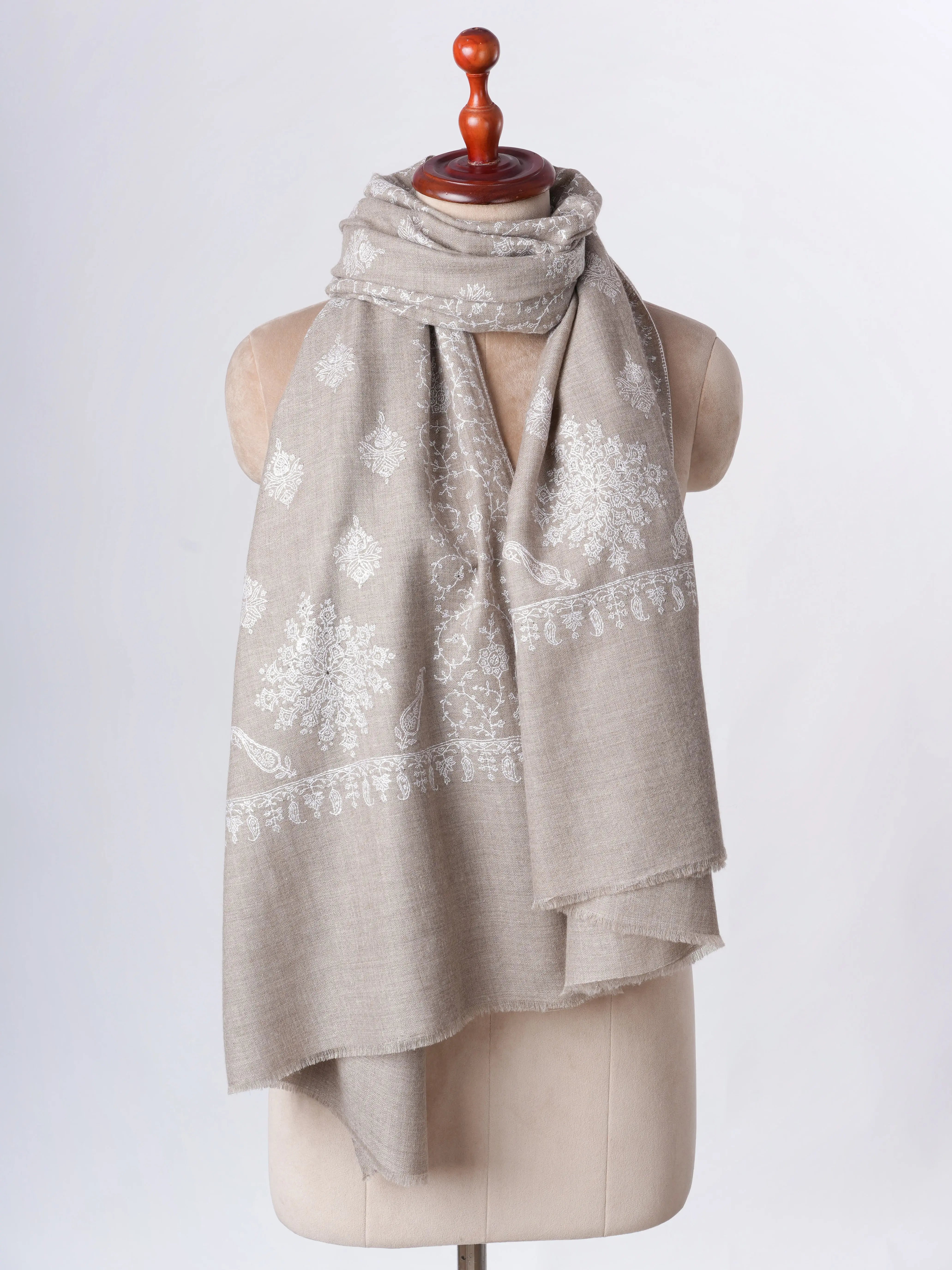 Natural Grey Cashmere Scarf with White Hand Embroidery – Minimalist Artisanal Luxury Shahkaar