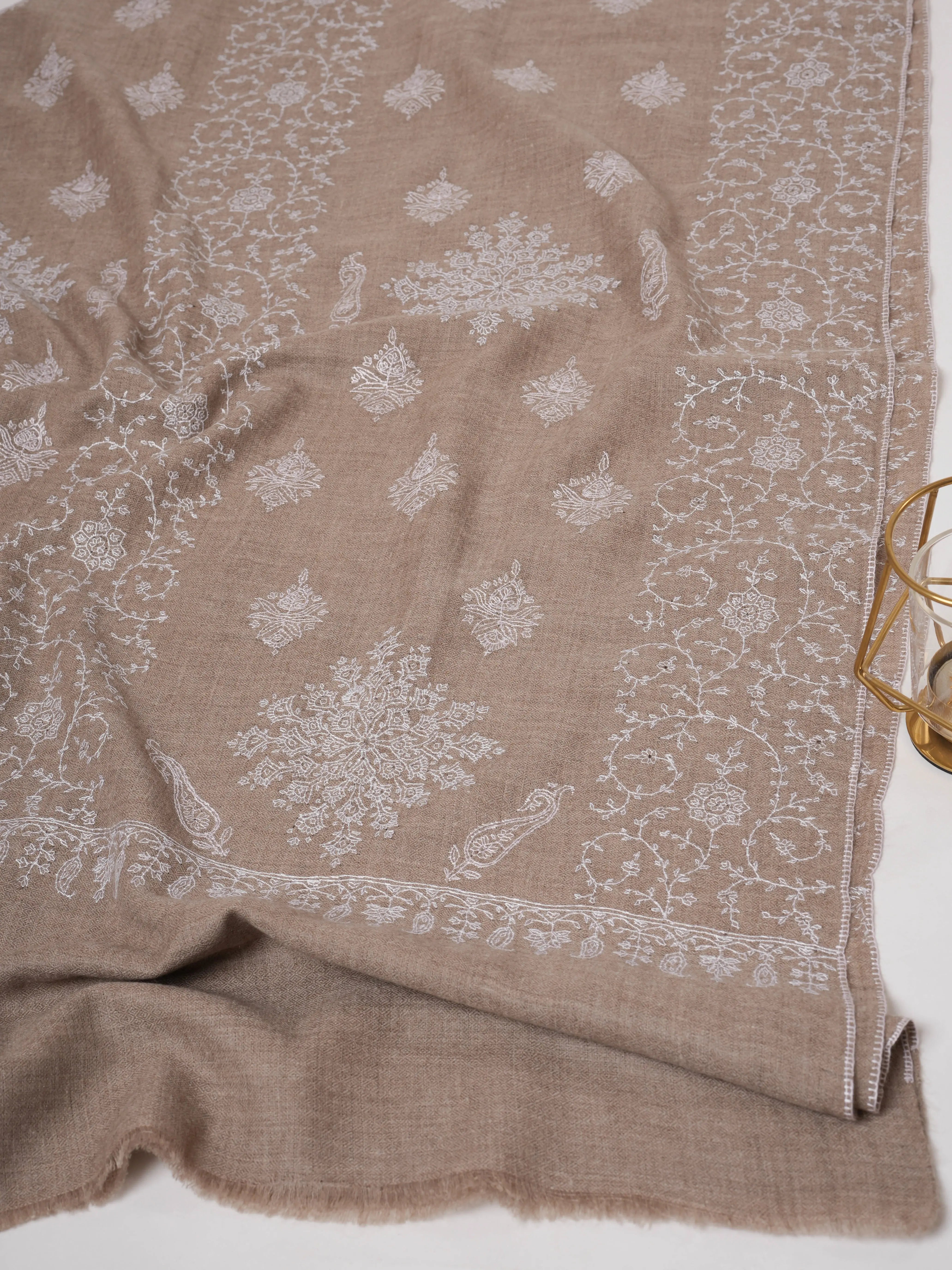 Natural Grey Cashmere Scarf with White Hand Embroidery – Minimalist Artisanal Luxury Shahkaar