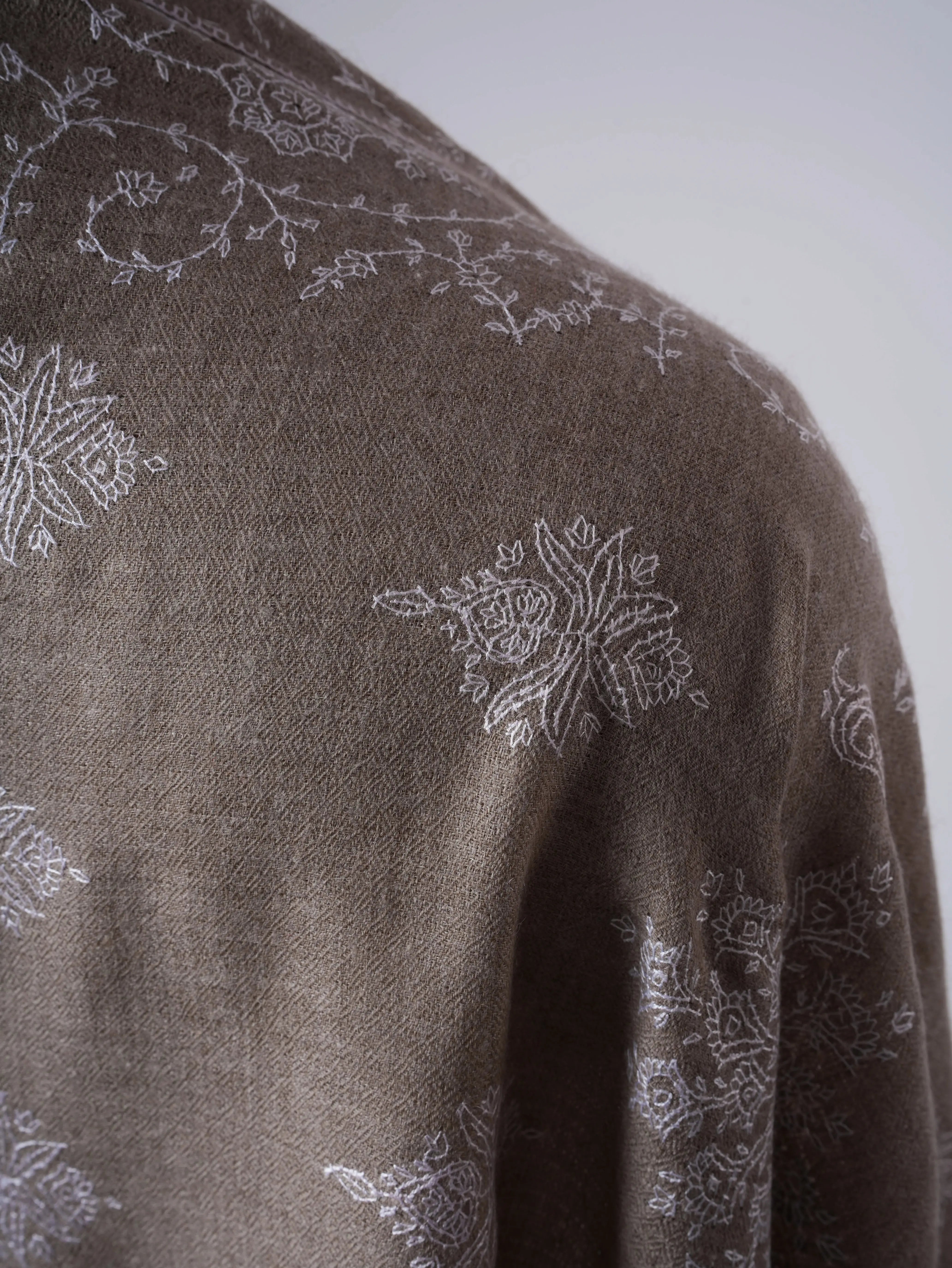 Natural Grey Cashmere Scarf with White Hand Embroidery – Minimalist Artisanal Luxury Shahkaar