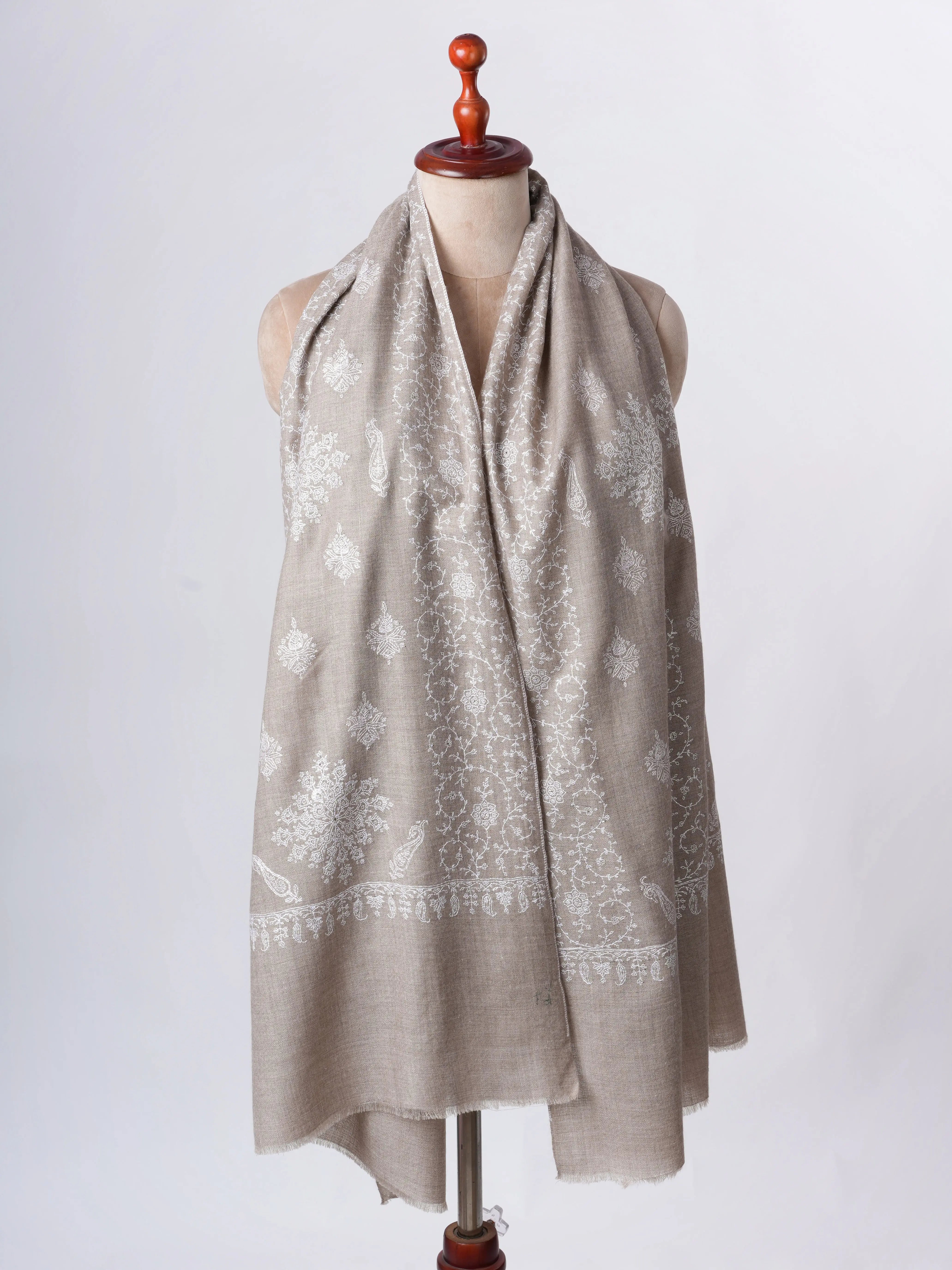 Natural Grey Cashmere Scarf with White Hand Embroidery – Minimalist Artisanal Luxury Shahkaar