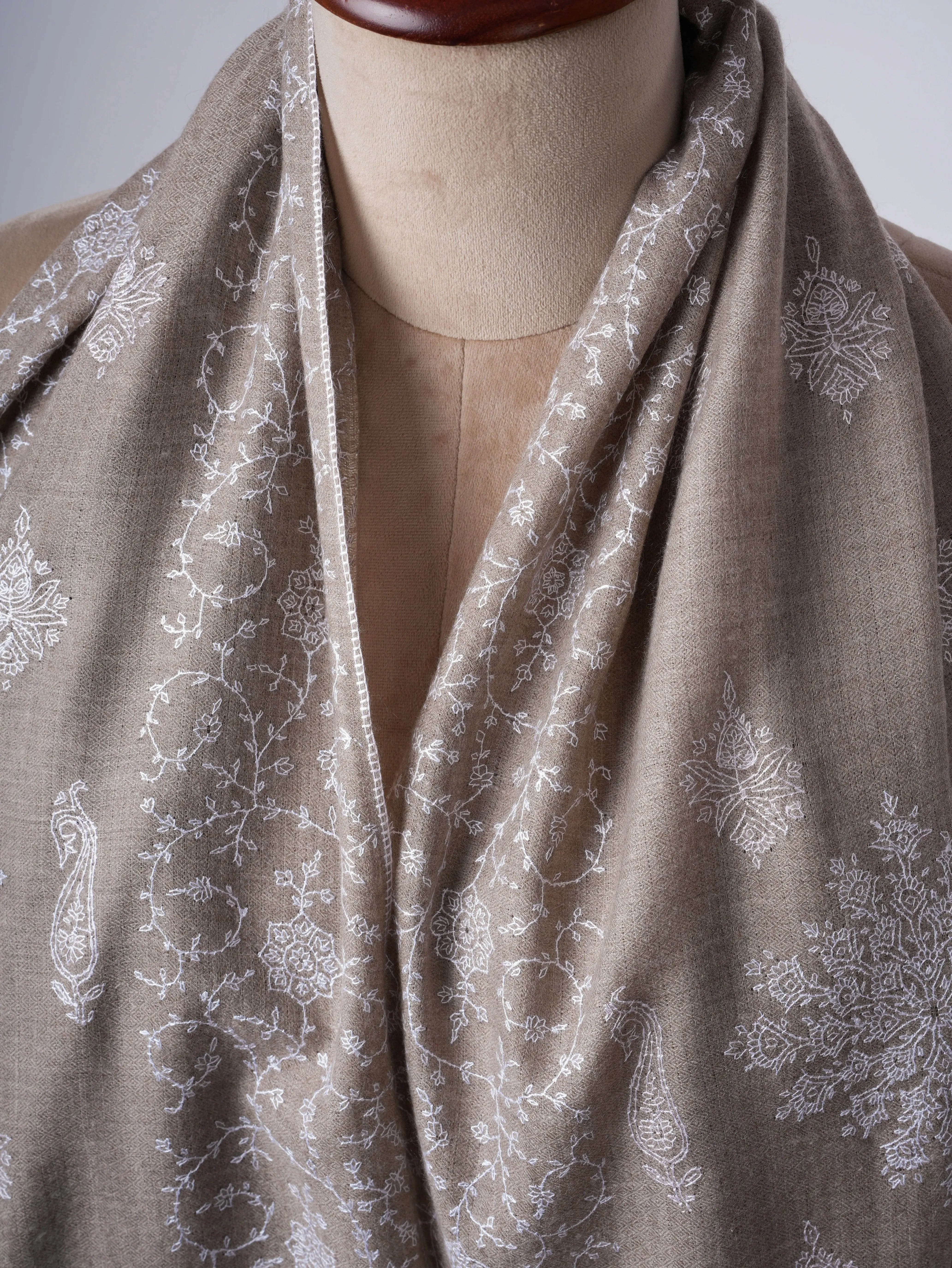 Natural Grey Cashmere Scarf with White Hand Embroidery – Minimalist Artisanal Luxury Shahkaar