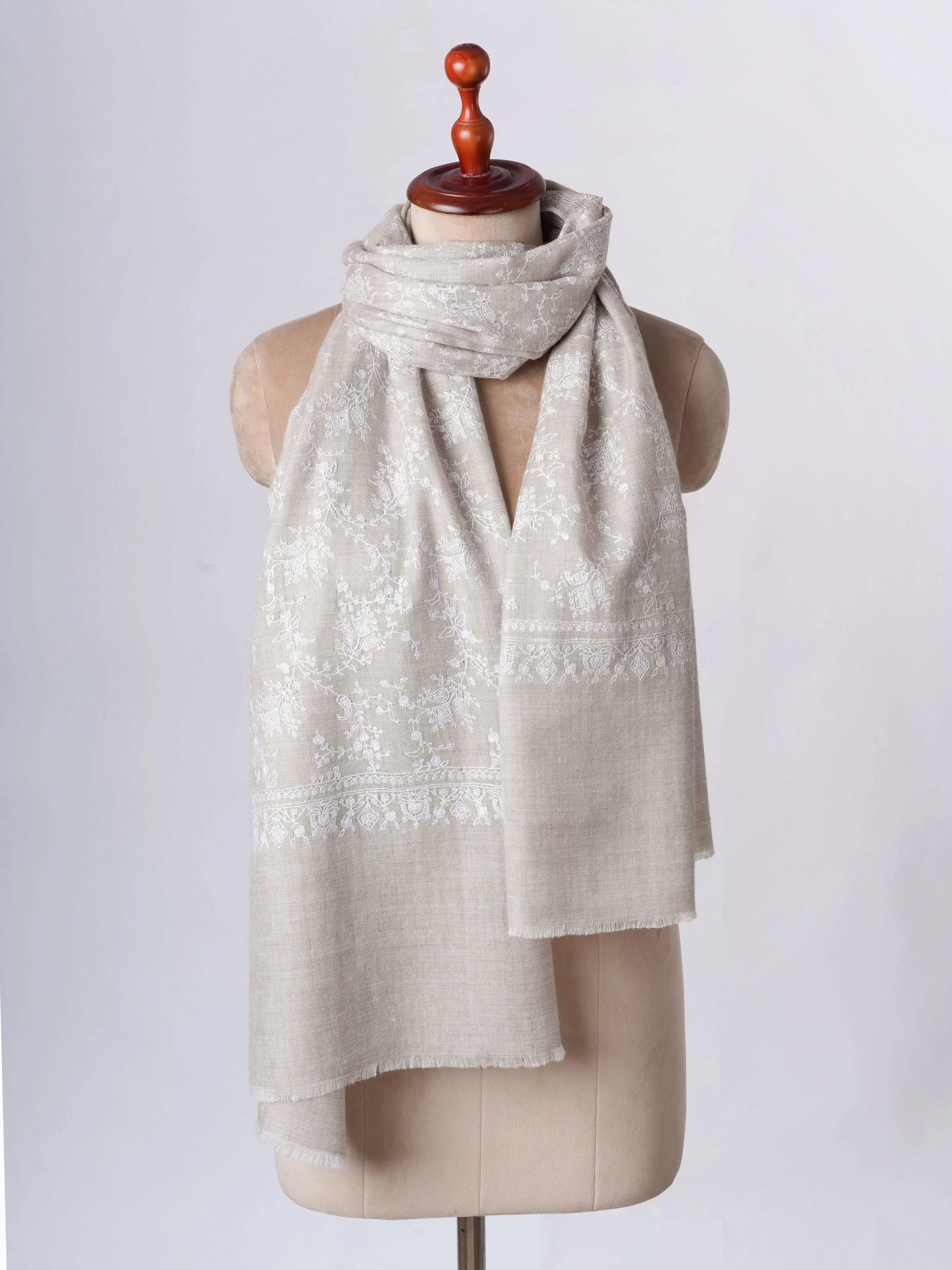 Natural Grey Cashmere Scarf with White Jaali Embroidery – Handcrafted Minimalist Luxury Shahkaar