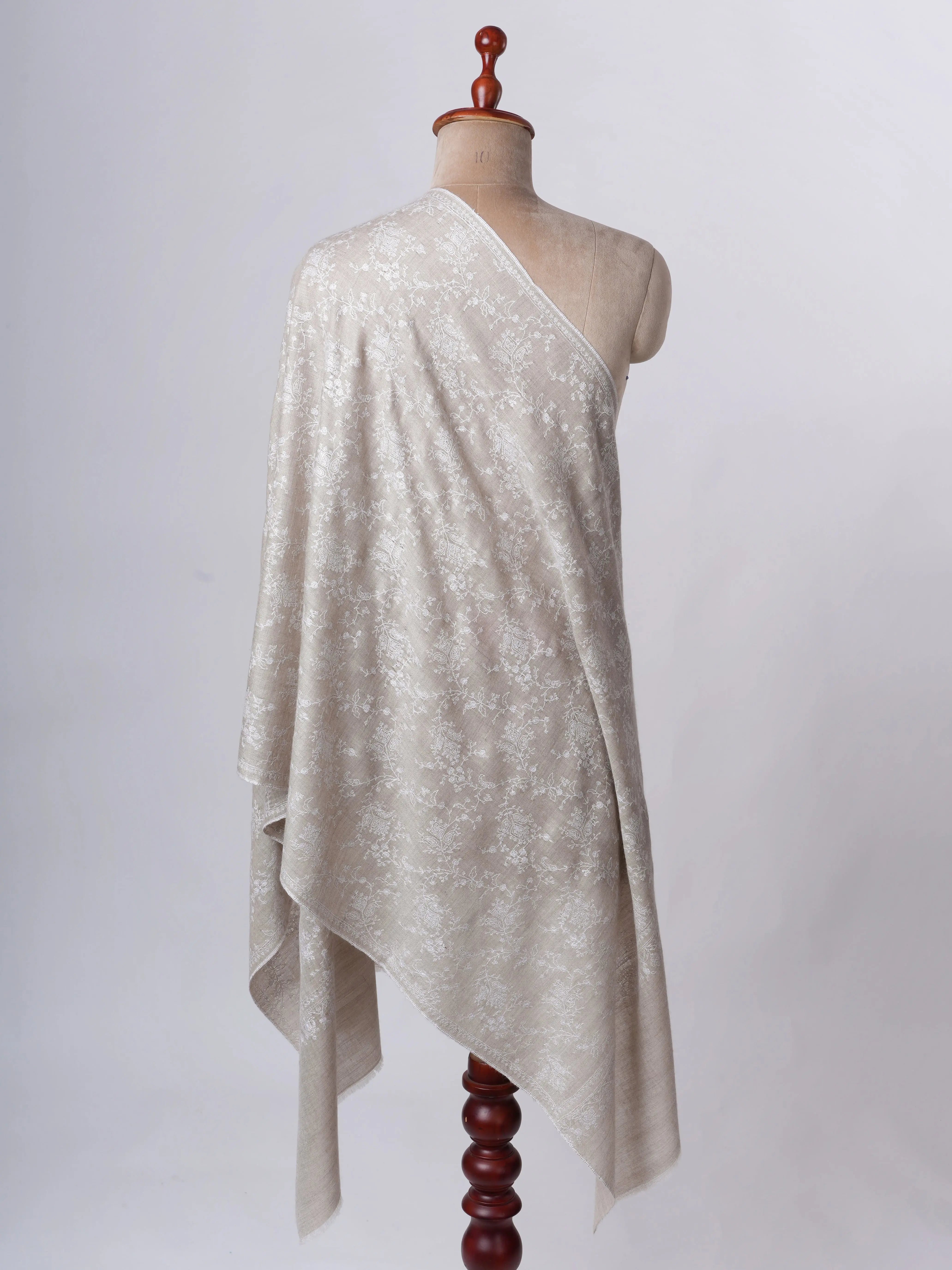 Natural Grey Cashmere Scarf with White Jaali Embroidery – Handcrafted Minimalist Luxury Shahkaar