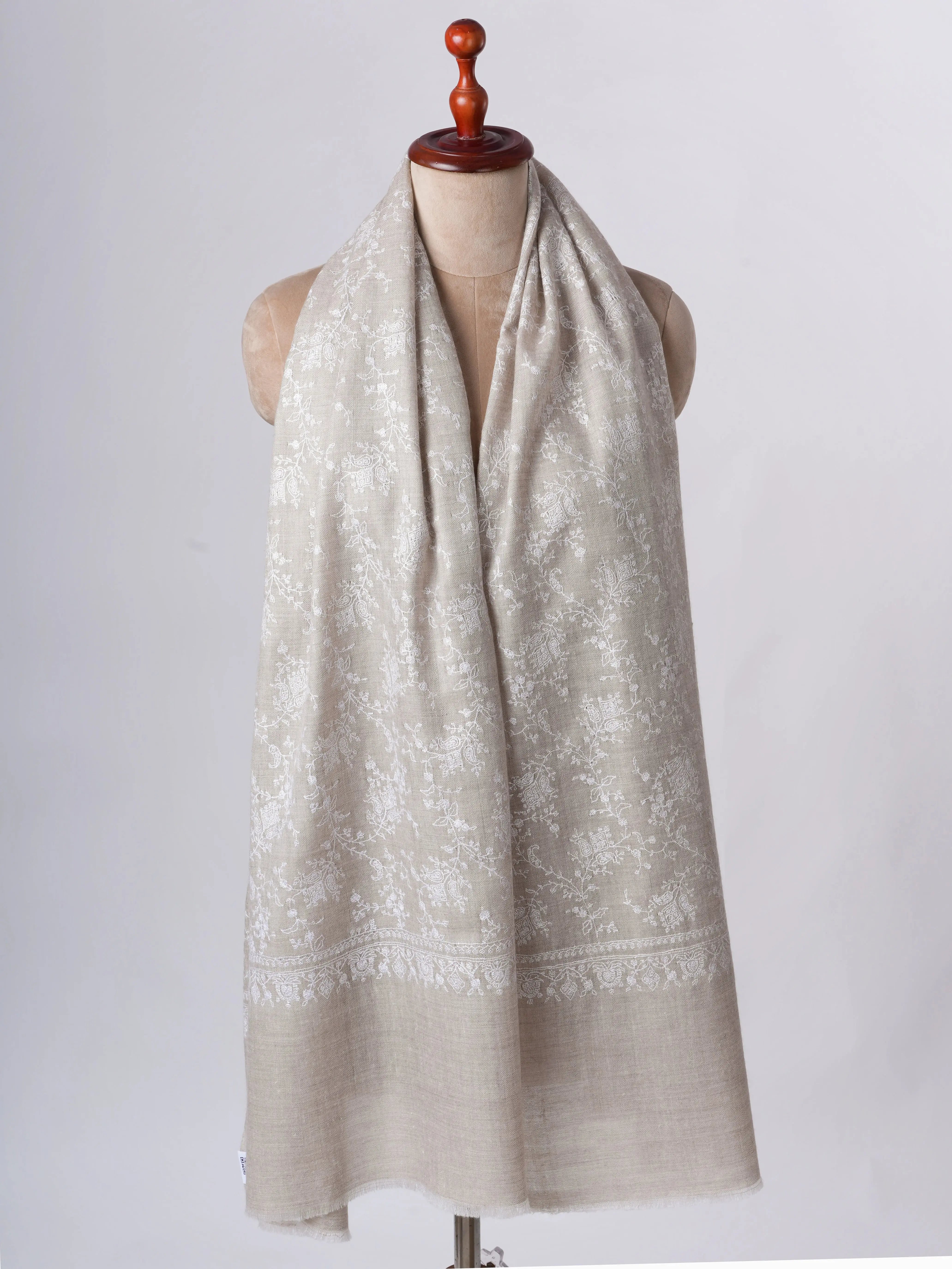 Natural Grey Cashmere Scarf with White Jaali Embroidery – Handcrafted Minimalist Luxury Shahkaar