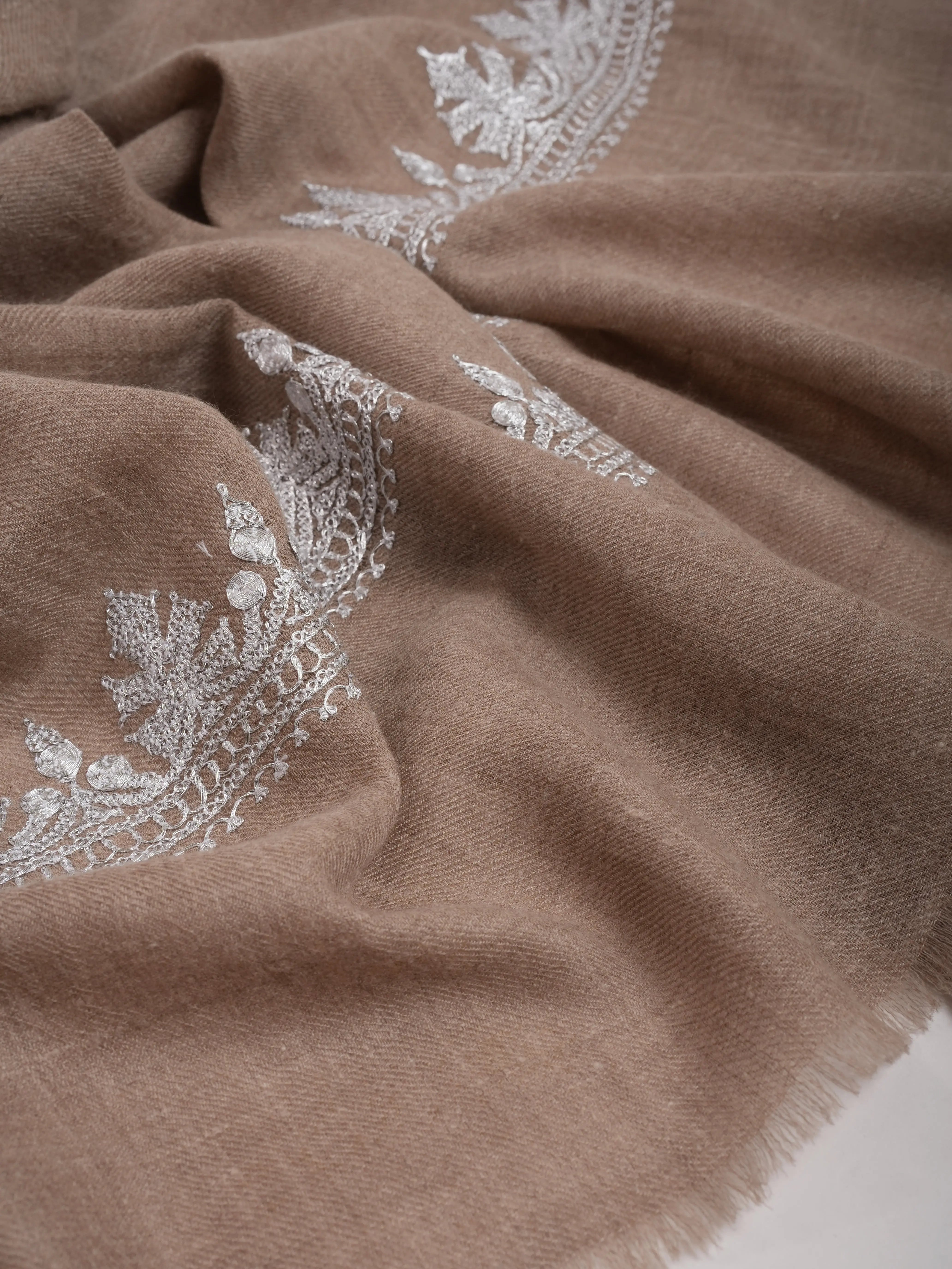 Natural Grey Cashmere Wrap with Timeless Silver Embroidery Shahkaar