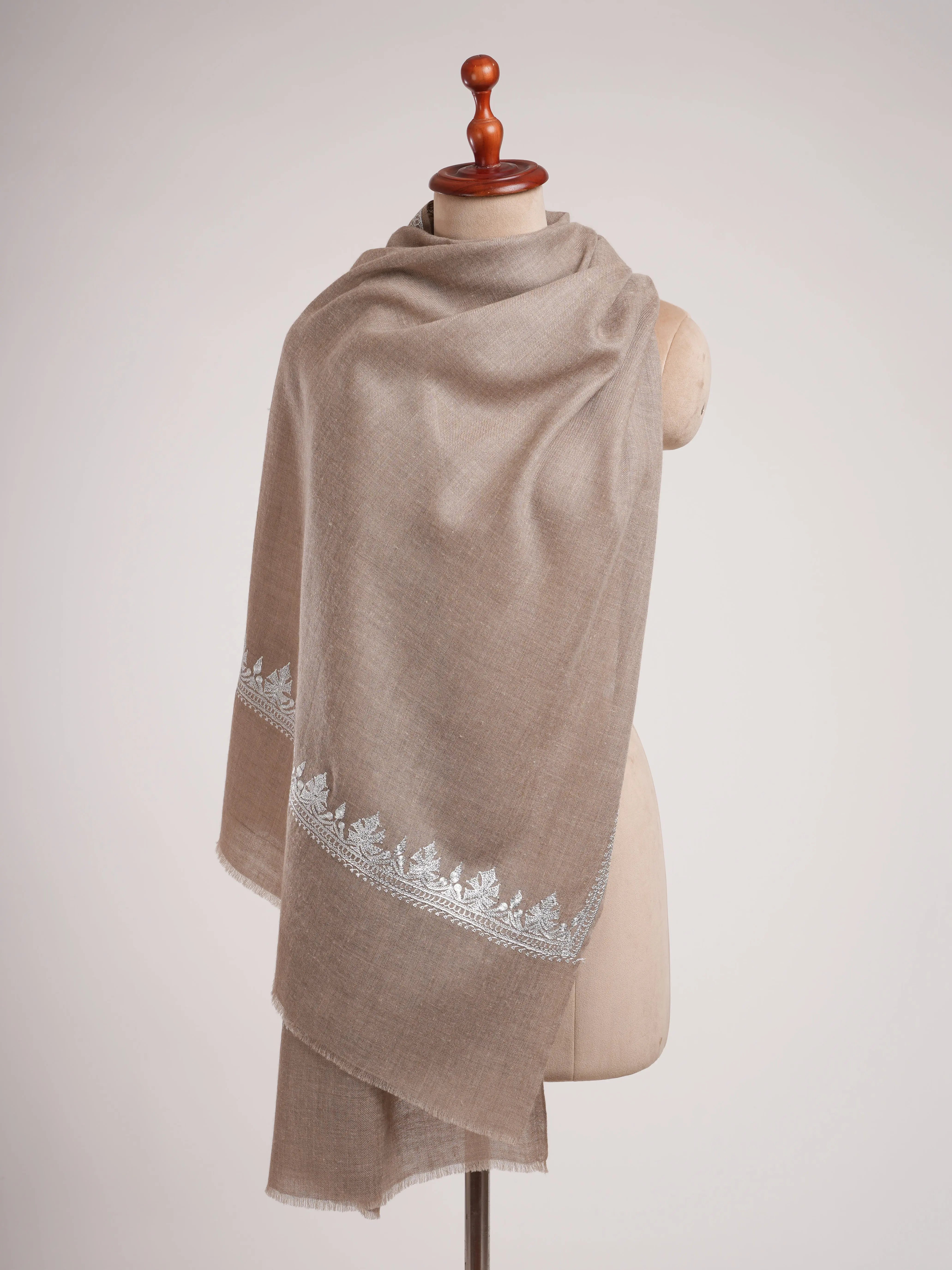 Natural Grey Cashmere Wrap with Timeless Silver Embroidery Shahkaar