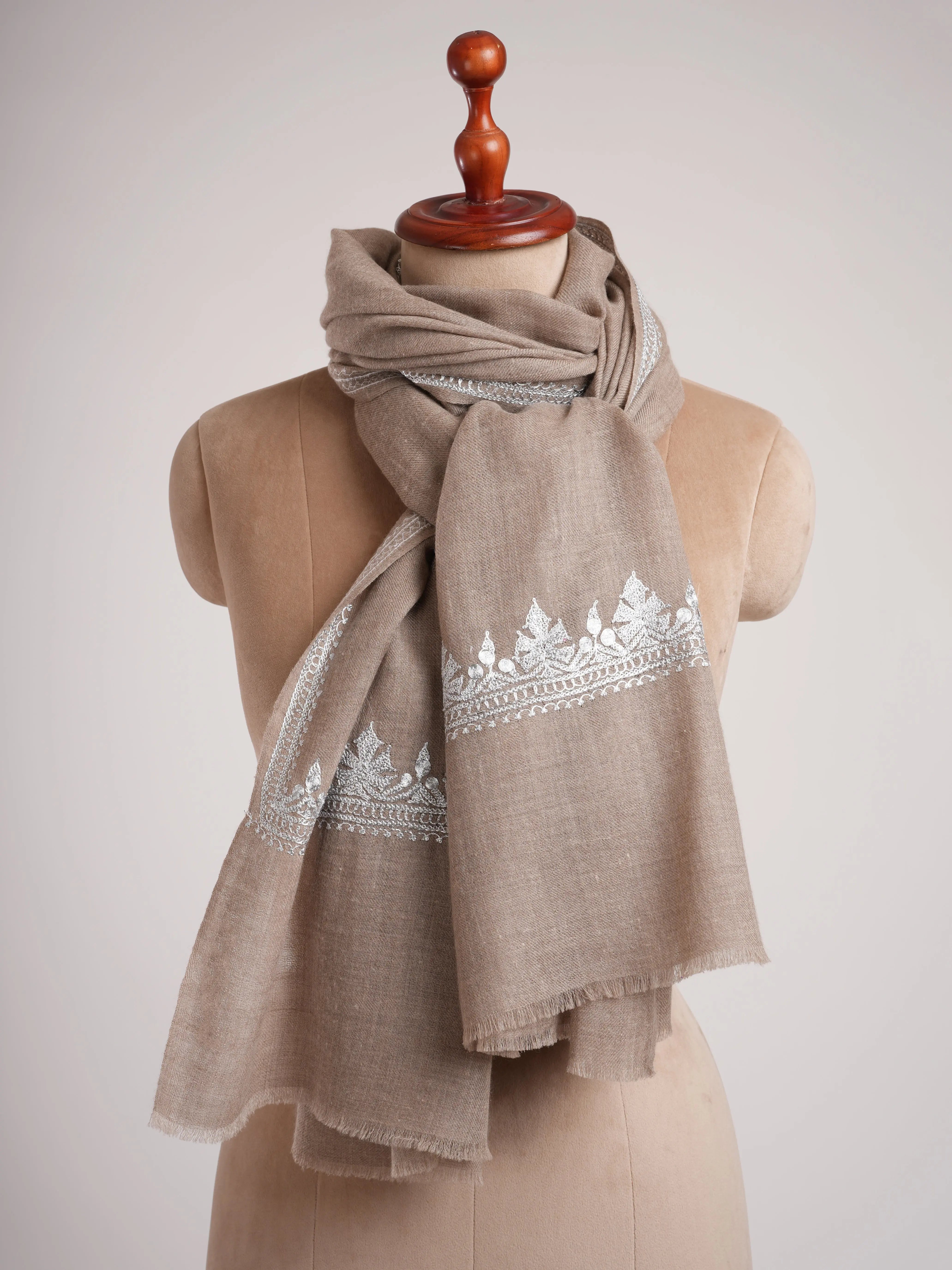 Natural Grey Cashmere Wrap with Timeless Silver Embroidery Shahkaar