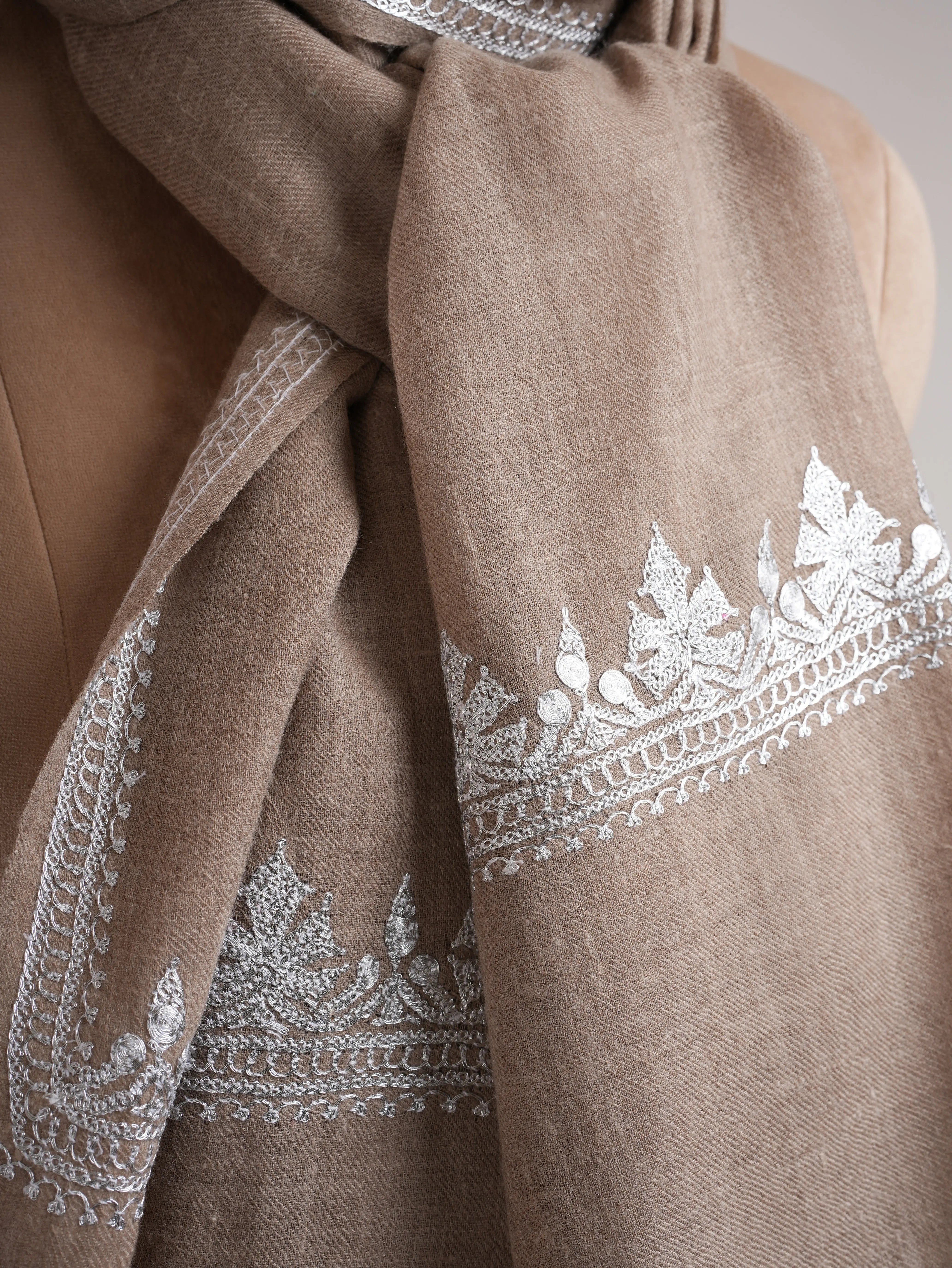 Natural Grey Cashmere Wrap with Timeless Silver Embroidery Shahkaar