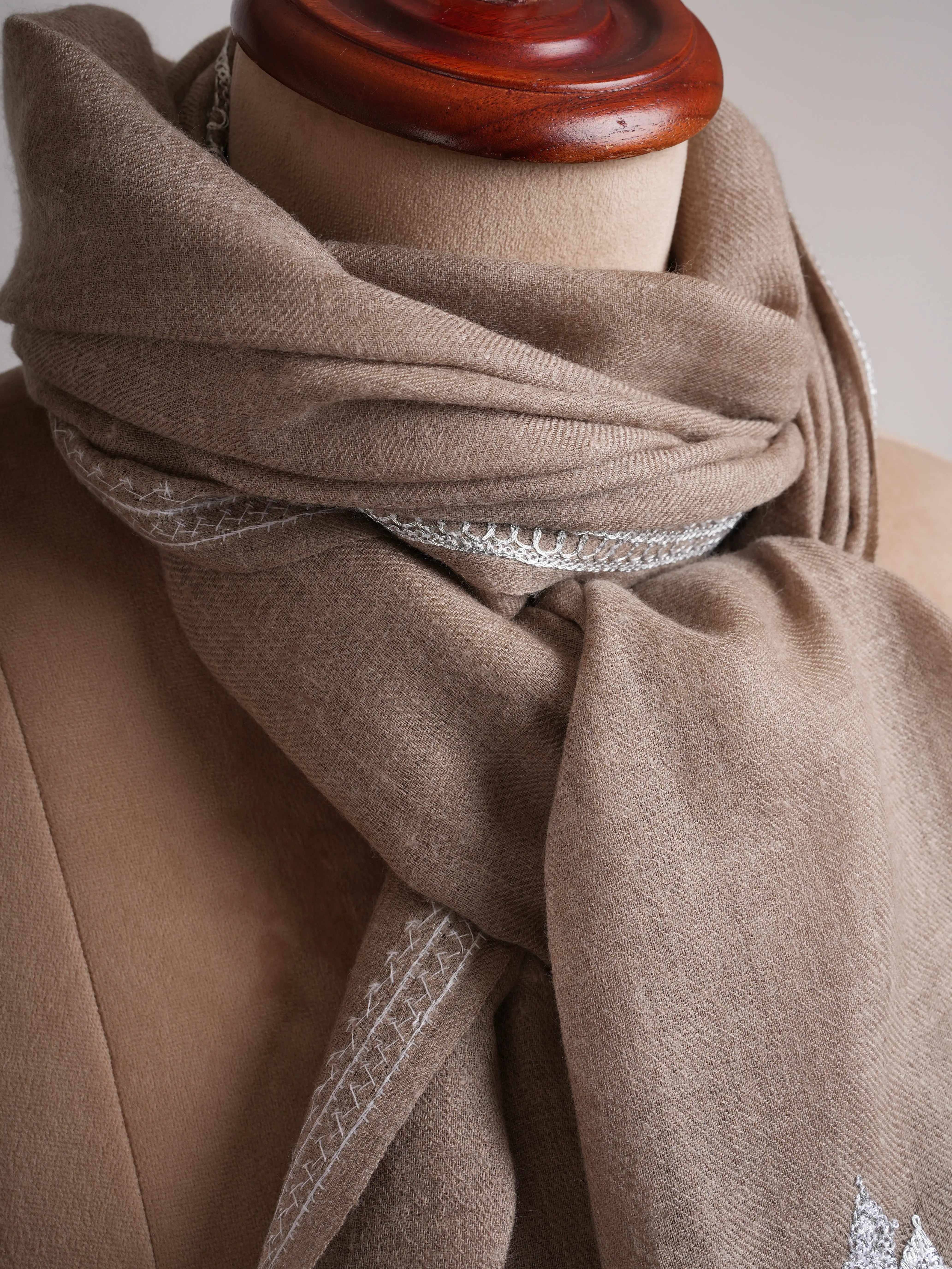 Natural Grey Cashmere Wrap with Timeless Silver Embroidery Shahkaar