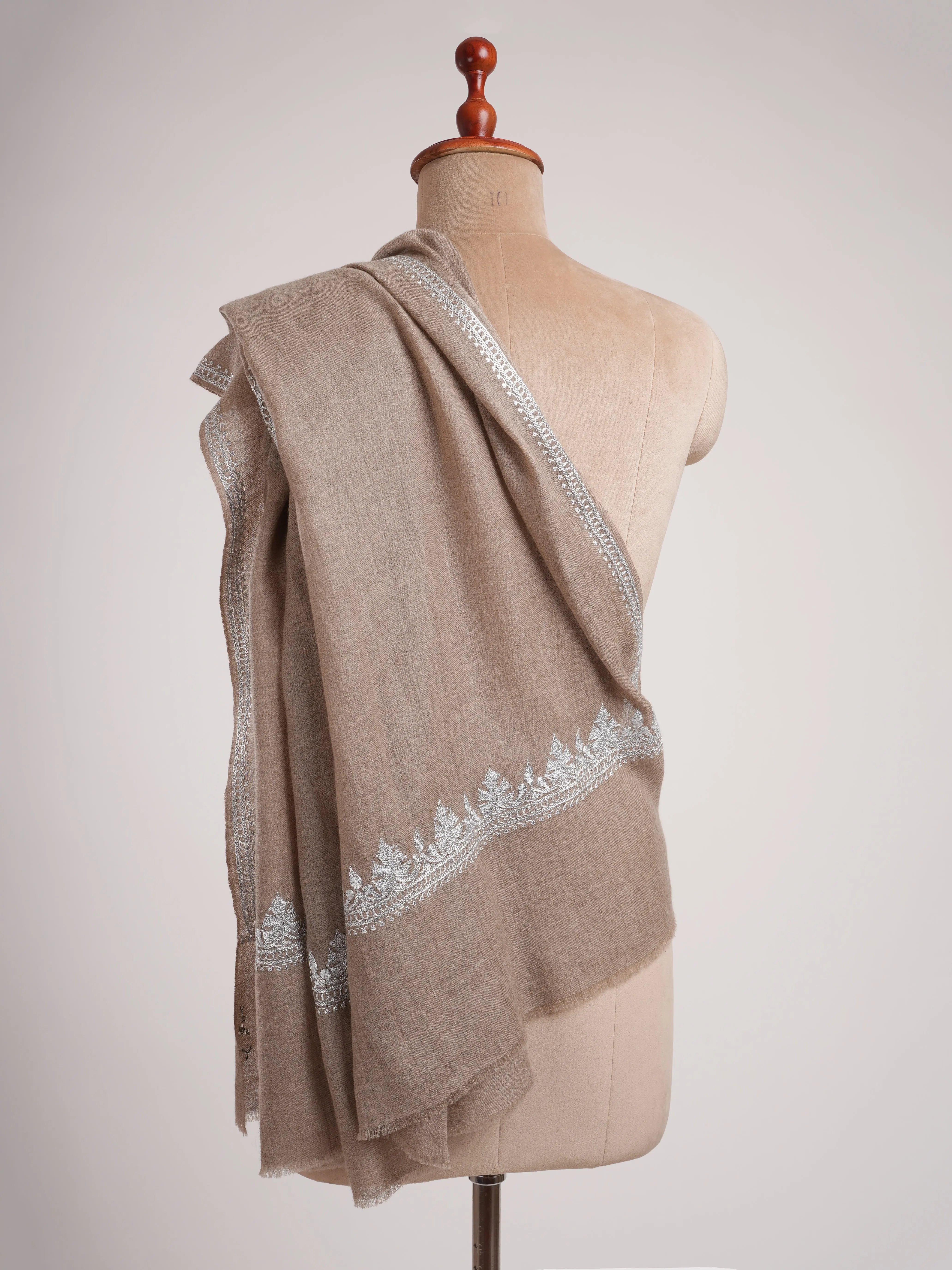 Natural Grey Cashmere Wrap with Timeless Silver Embroidery Shahkaar