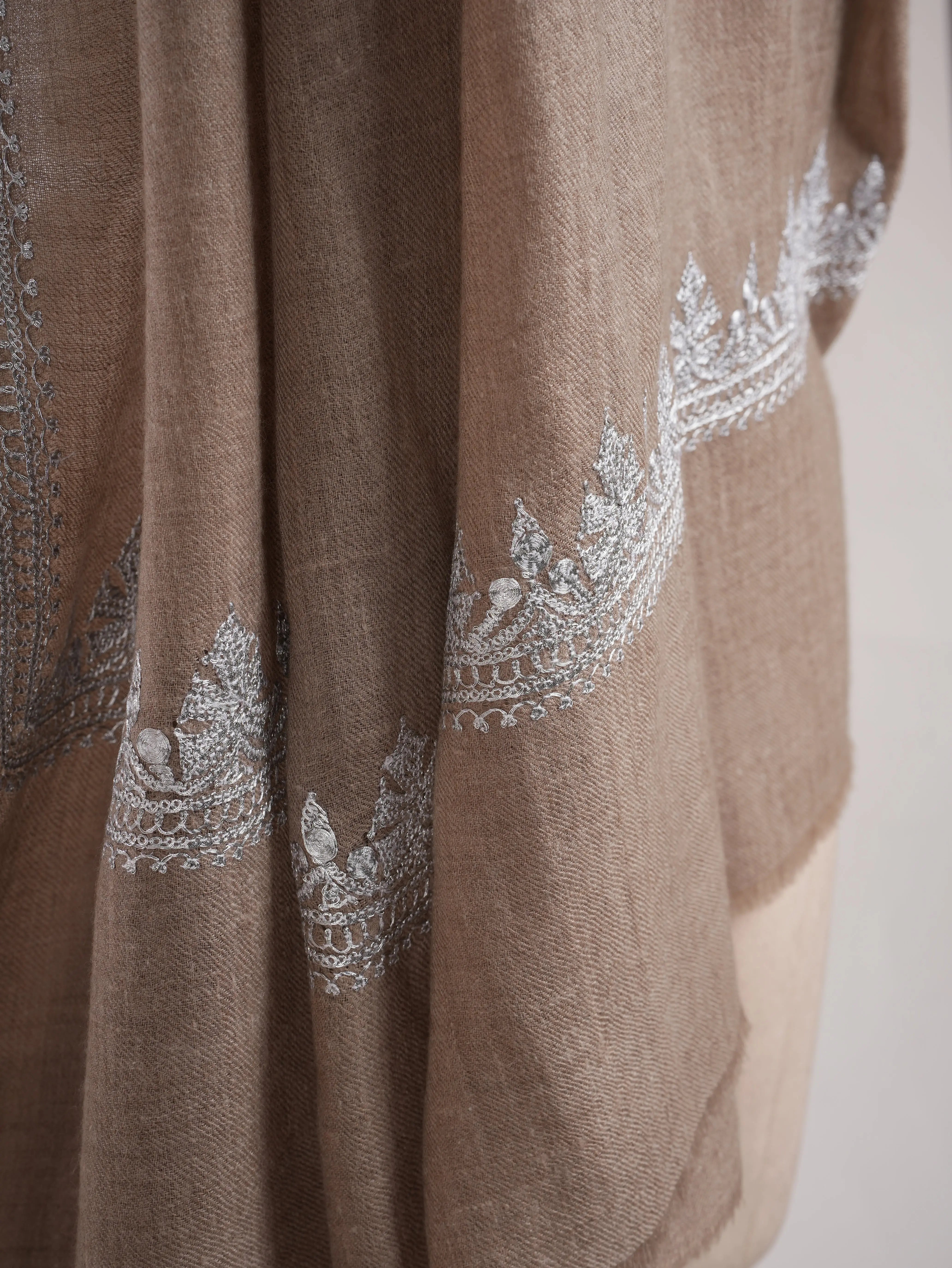Natural Grey Cashmere Wrap with Timeless Silver Embroidery Shahkaar