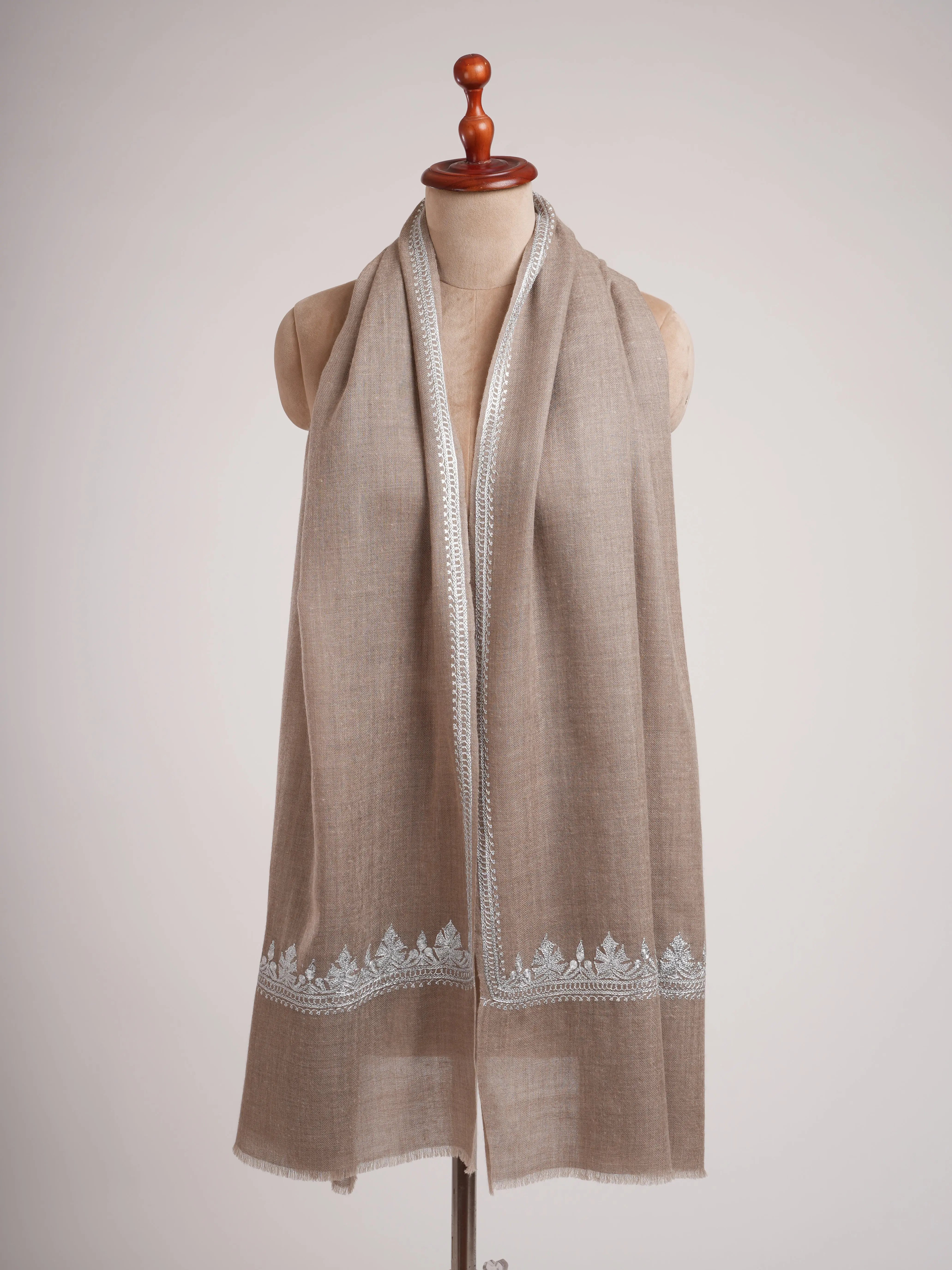 Natural Grey Cashmere Wrap with Timeless Silver Embroidery Shahkaar
