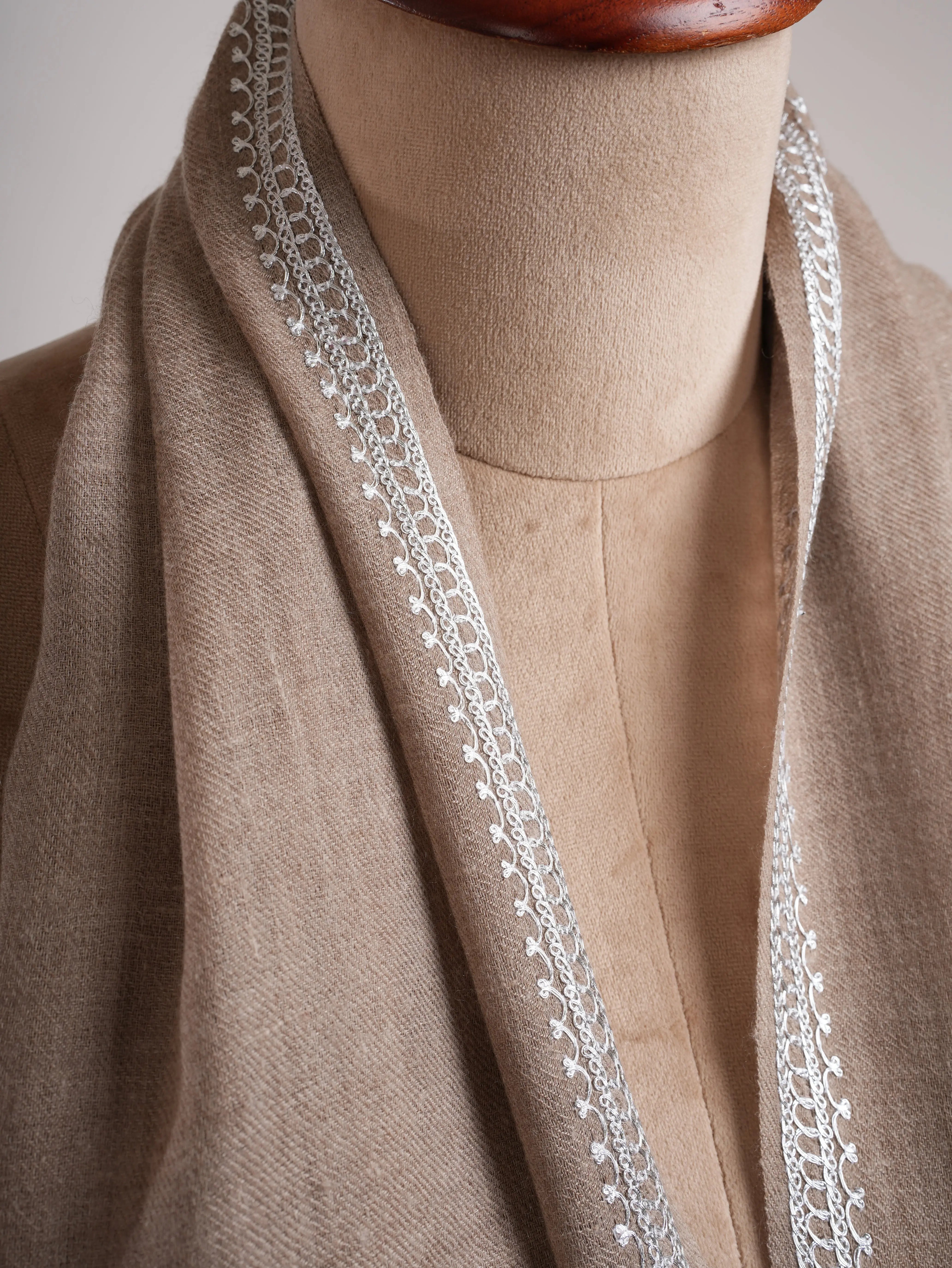 Natural Grey Cashmere Wrap with Timeless Silver Embroidery Shahkaar
