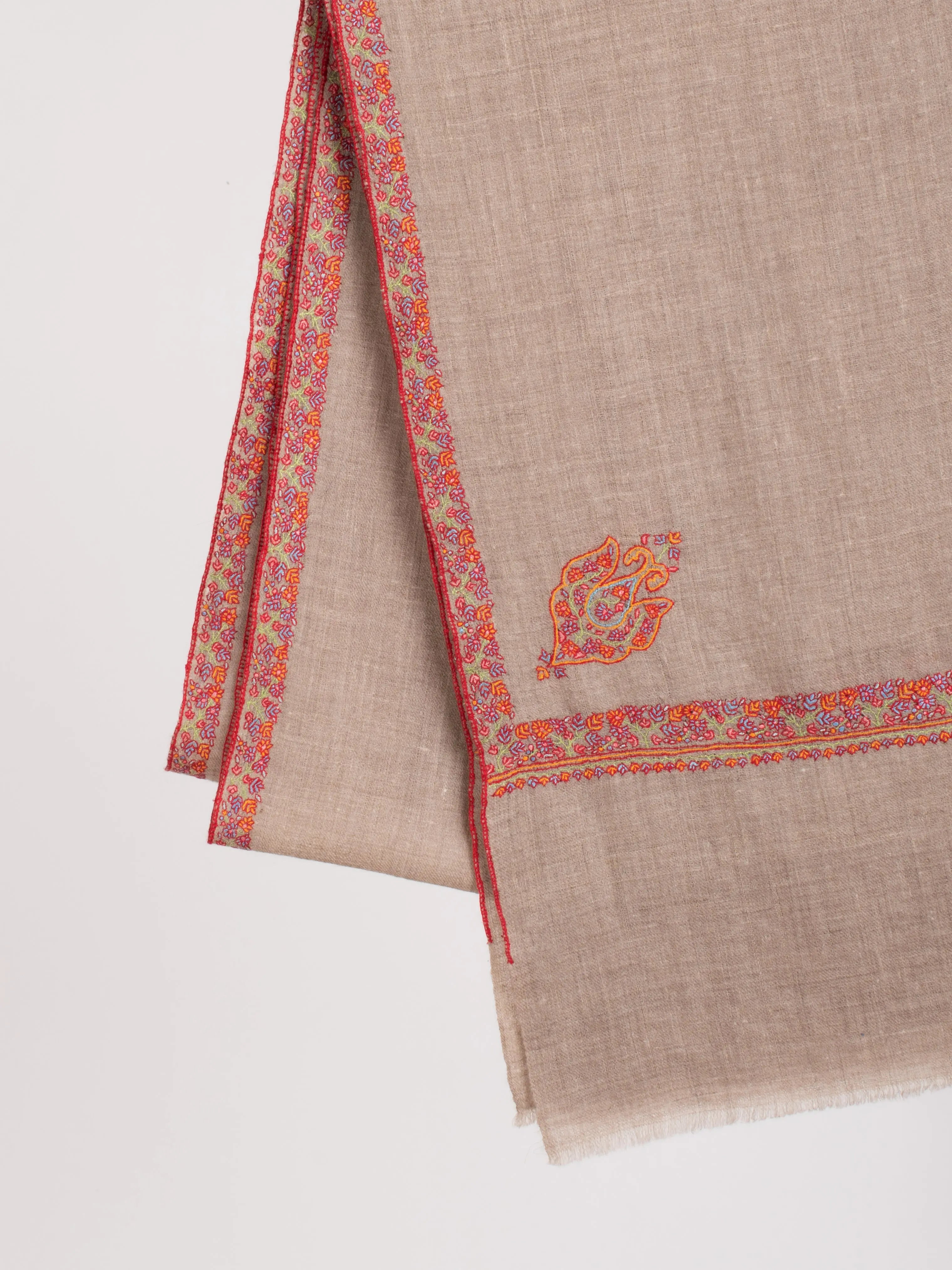 Natural Grey Embroidered Neck Scarf Cashmere Shahkaar