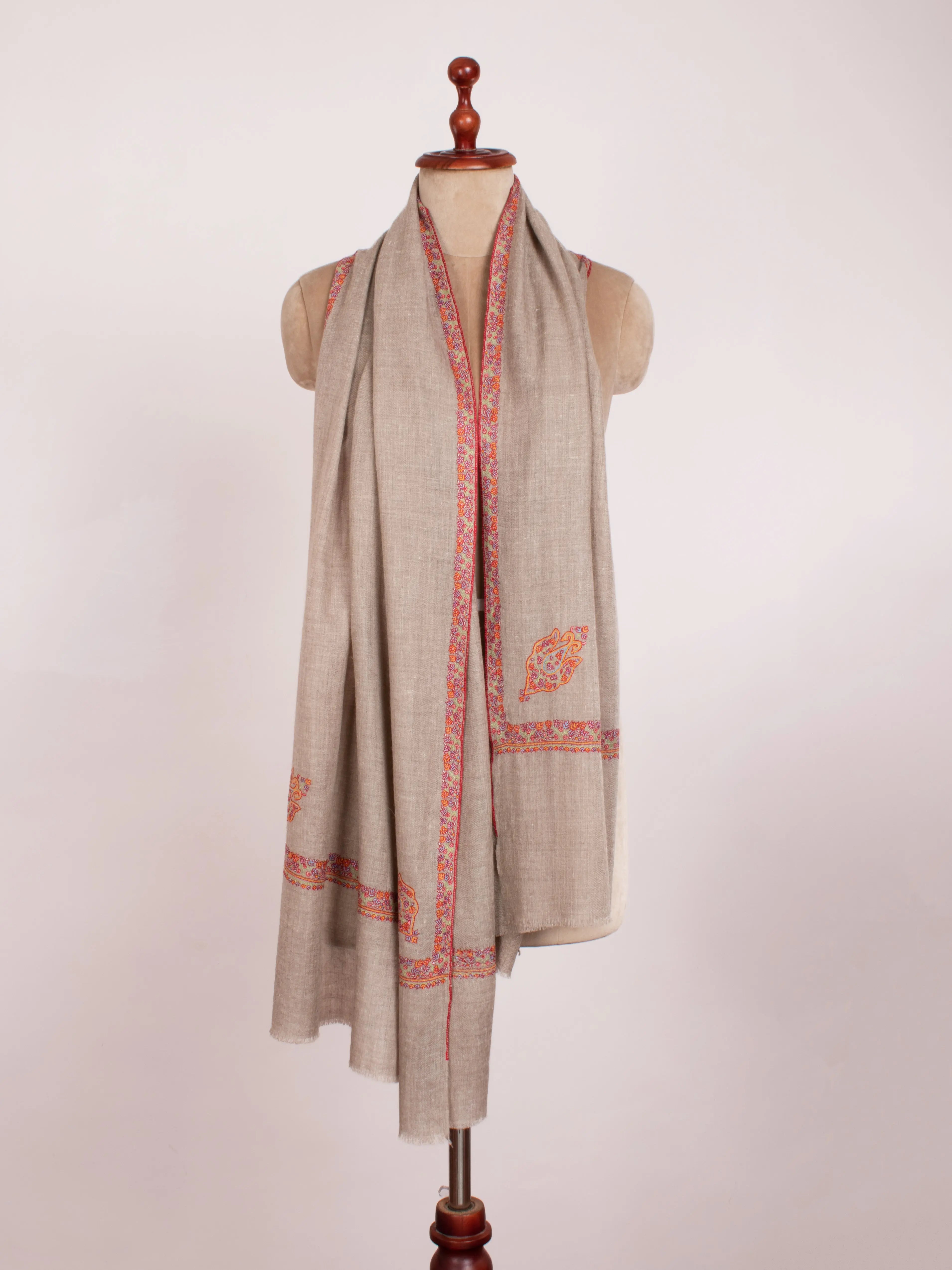 Natural Grey Embroidered Neck Scarf Cashmere Shahkaar