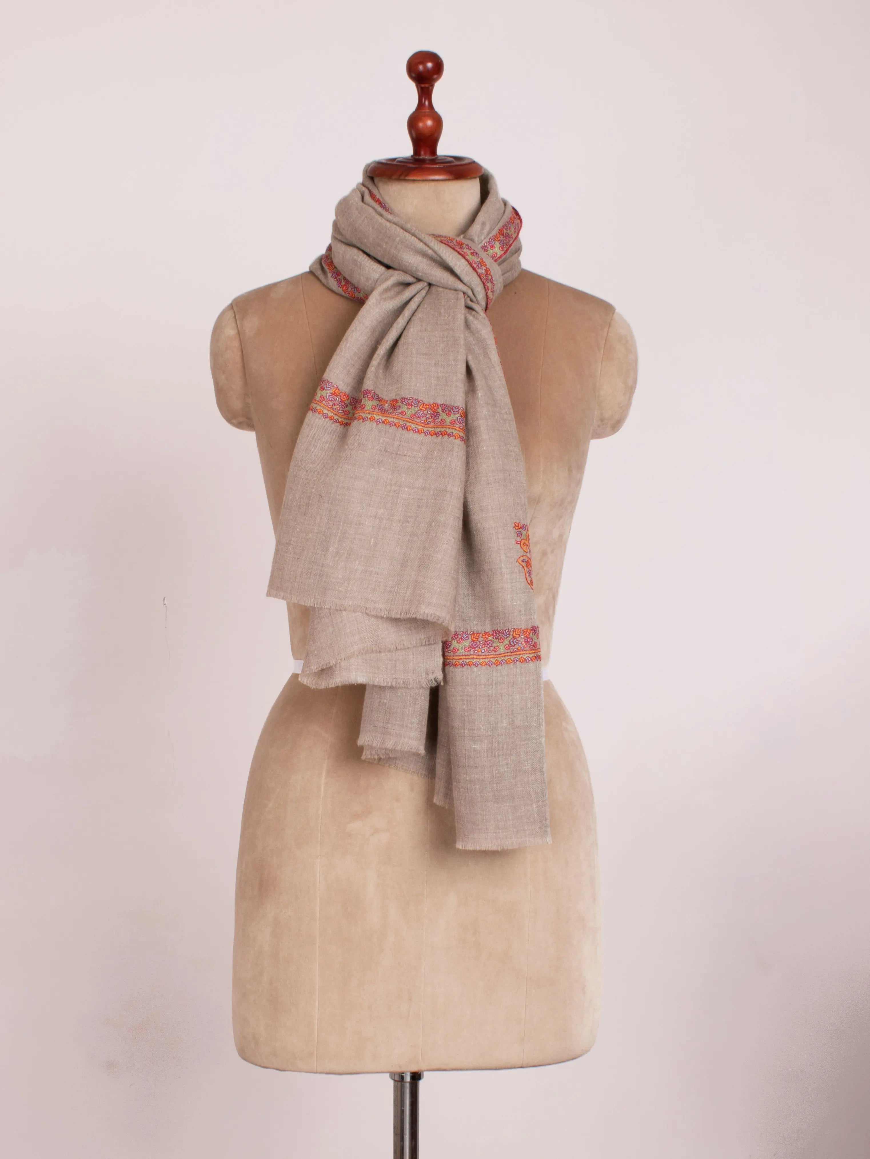 Natural Grey Embroidered Neck Scarf Cashmere Shahkaar