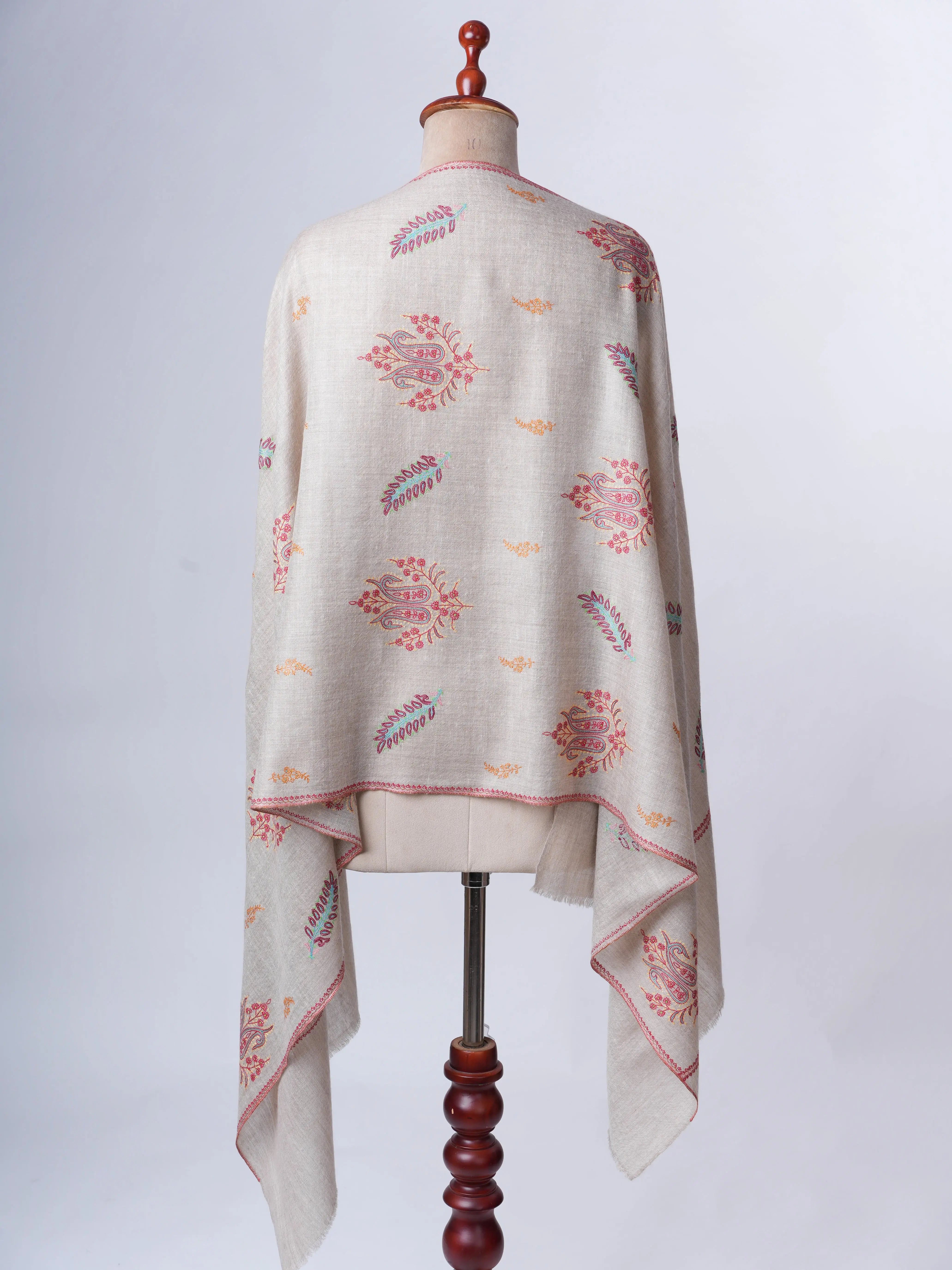 Natural Grey Hand Embroidered Cashmere Scarf – Artisan Crafted Elegance Shahkaar