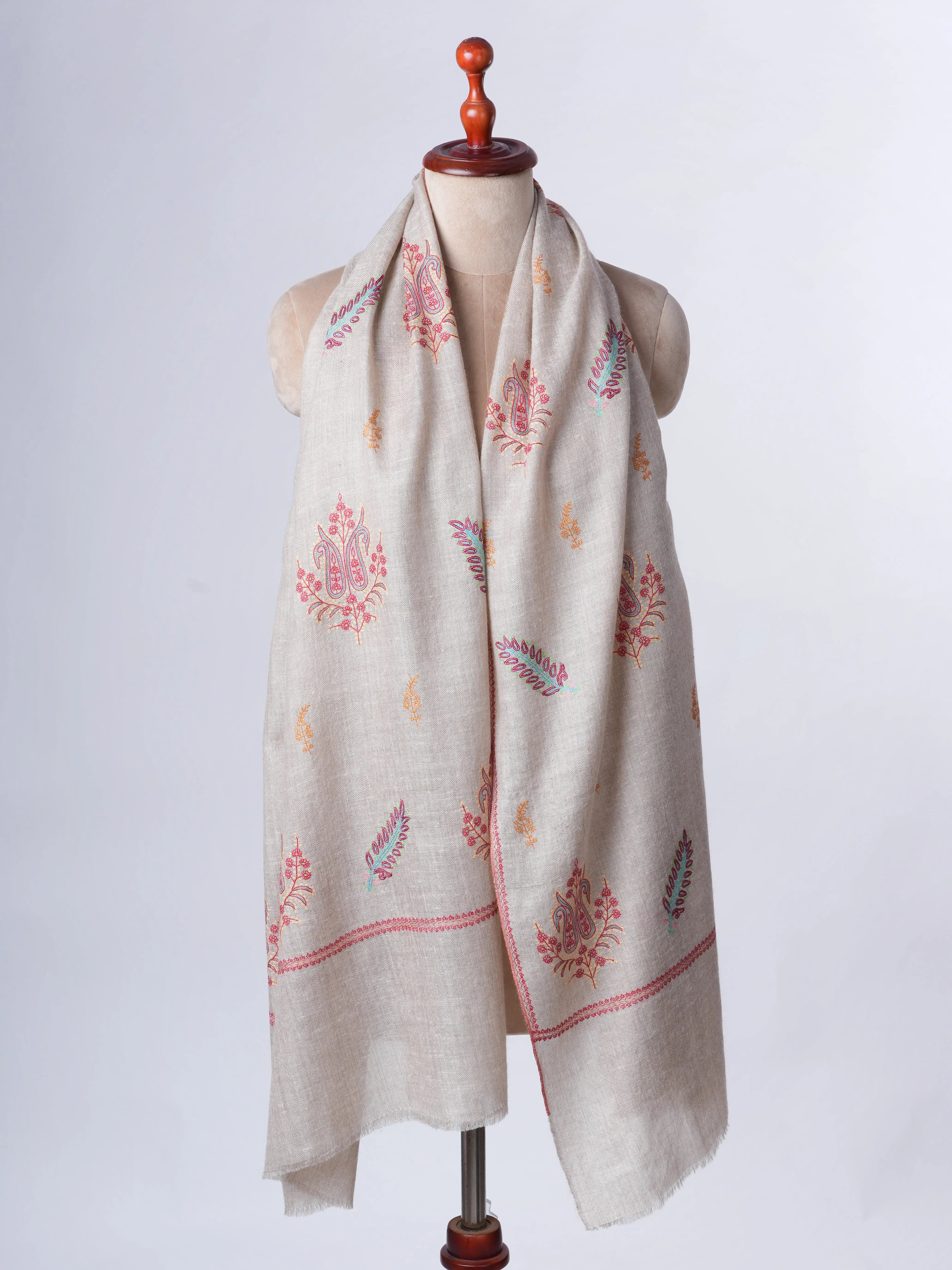 Natural Grey Hand Embroidered Cashmere Scarf – Artisan Crafted Elegance Shahkaar