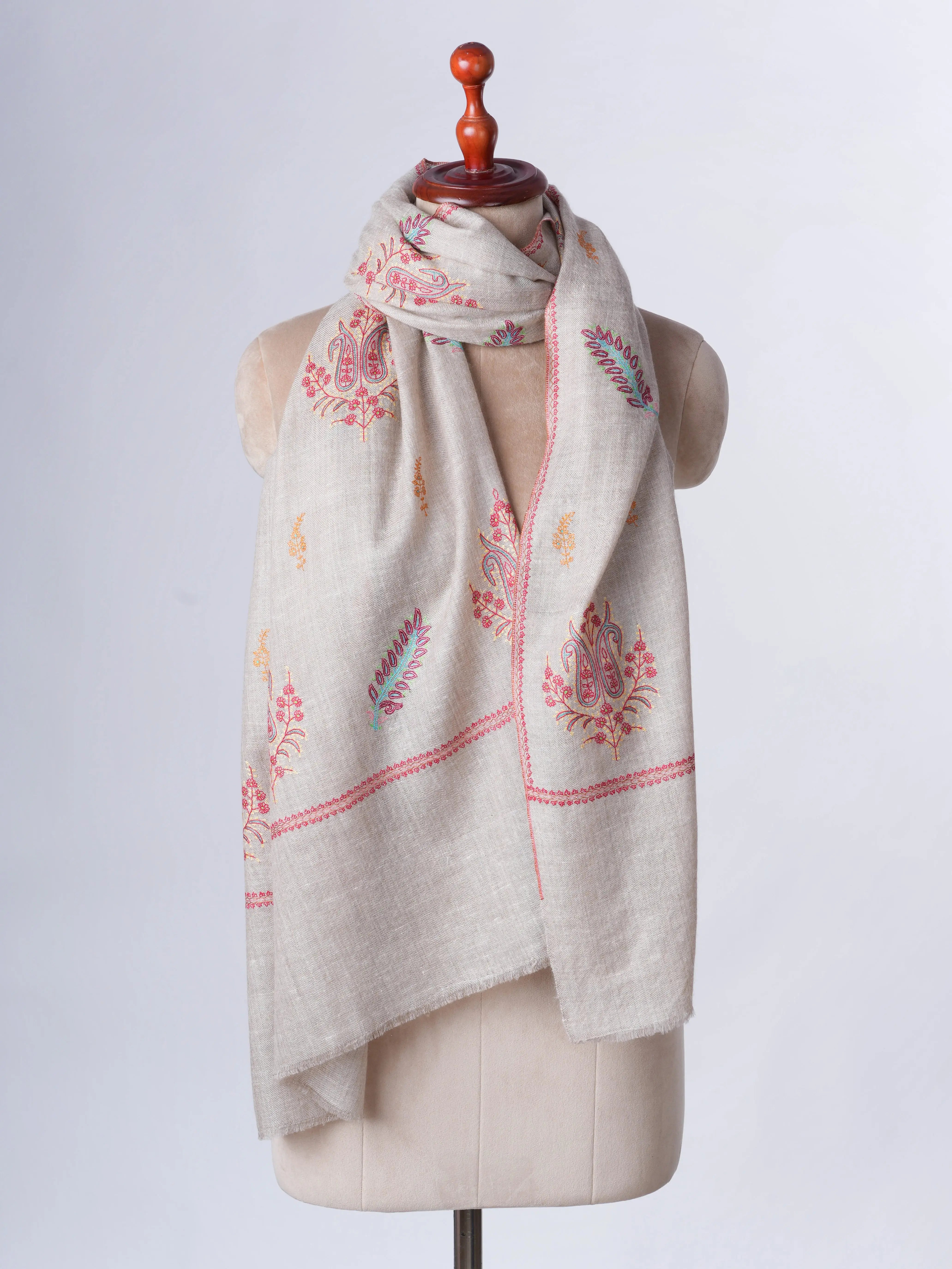 Natural Grey Hand Embroidered Cashmere Scarf – Artisan Crafted Elegance Shahkaar