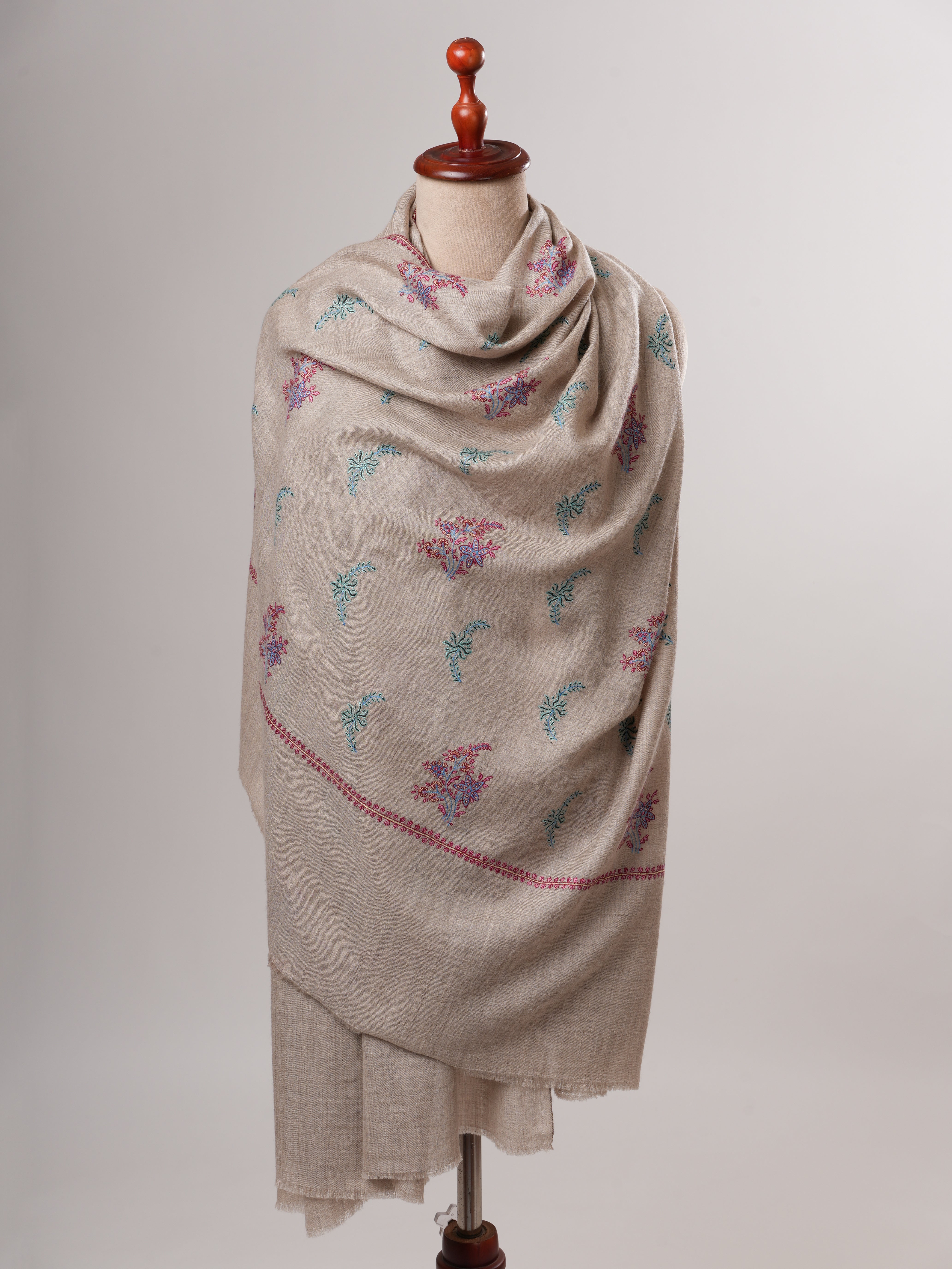 Natural Grey Handloomed Shahkaar Pashmina Shawl with Sozni Buteh Embroidery Shahkaar