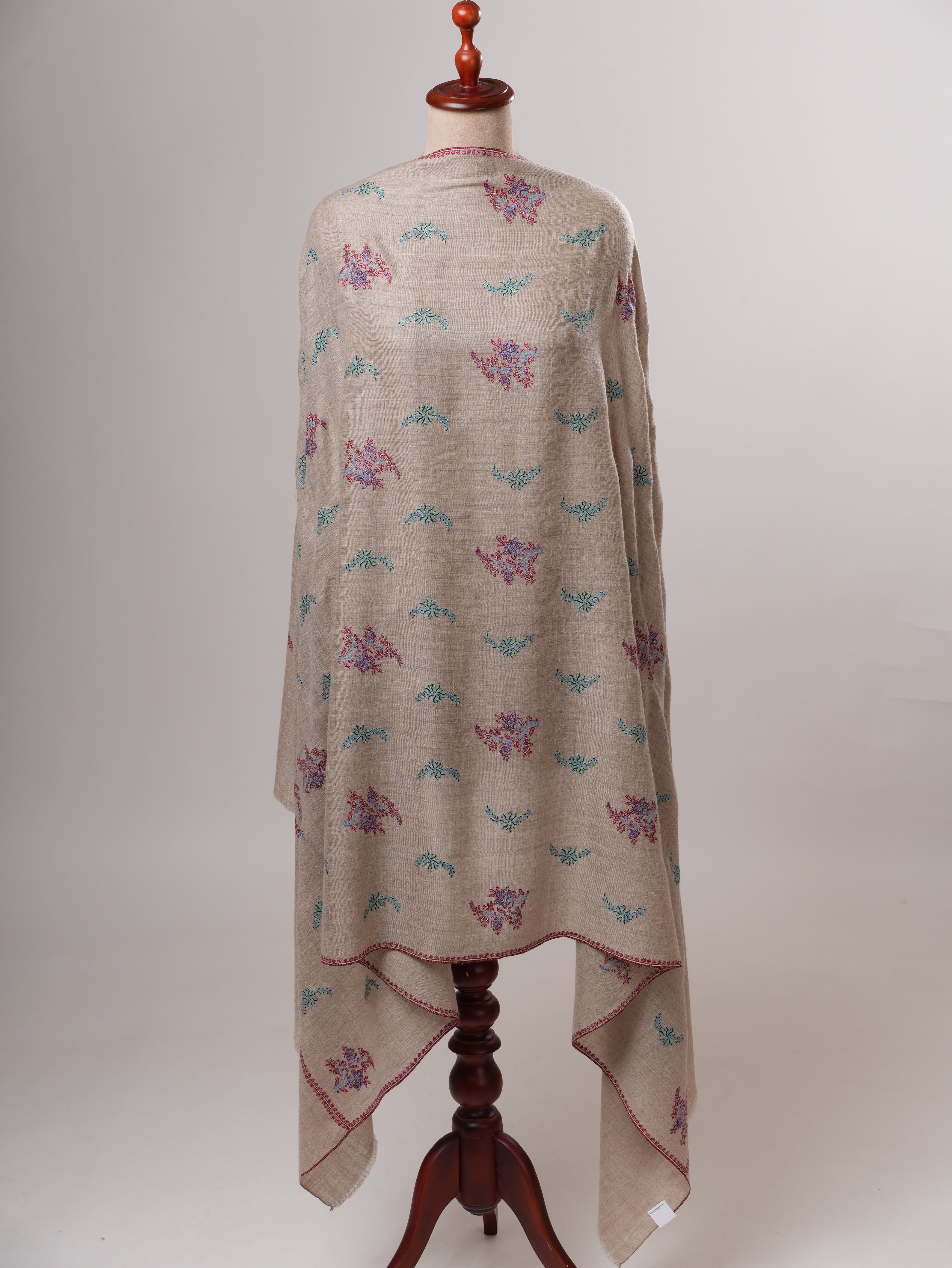 Natural Grey Handloomed Shahkaar Pashmina Shawl with Sozni Buteh Embroidery Shahkaar