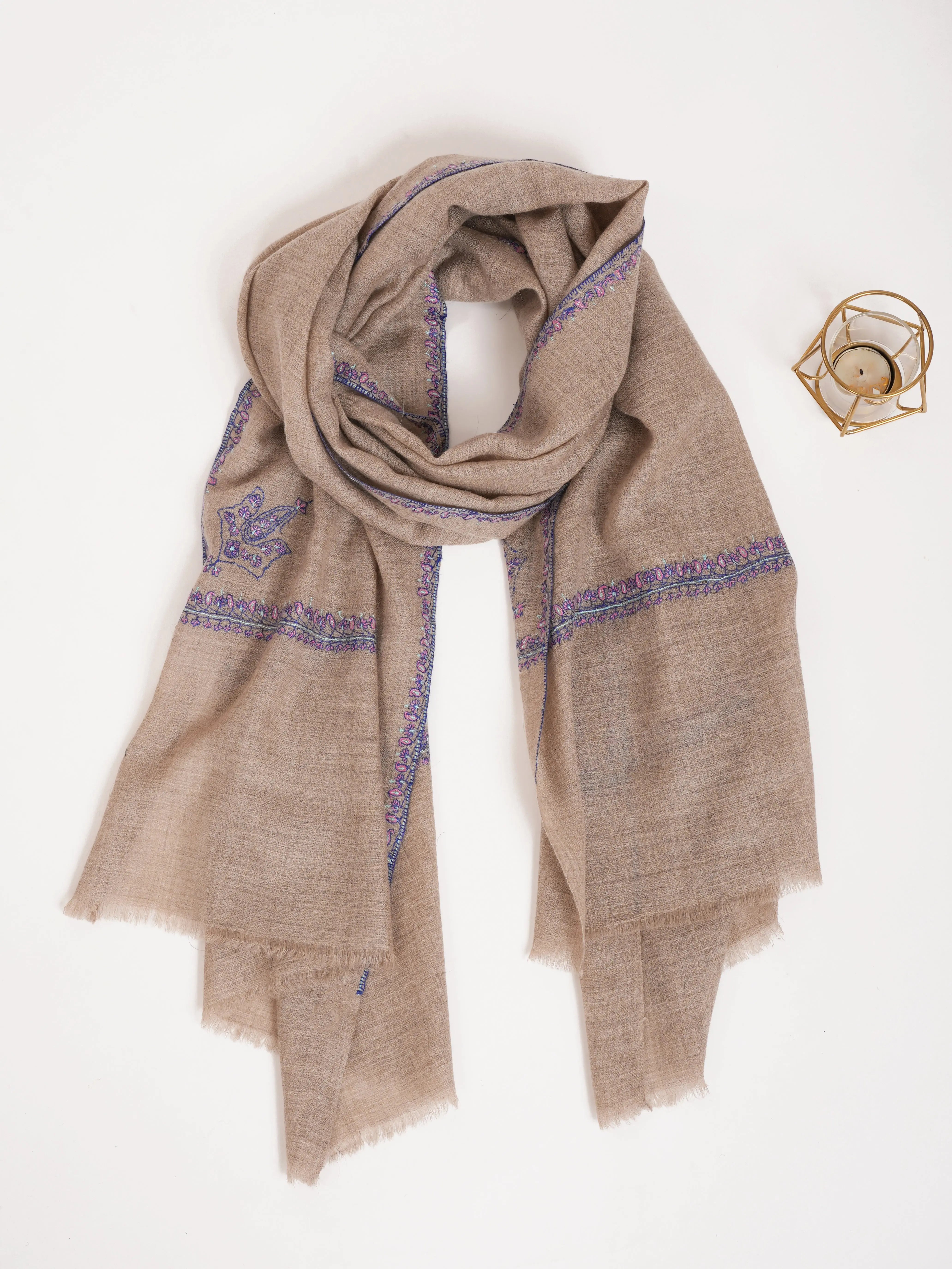 Natural Grey Hashia Embroidered Cashmere Pashmina Stole Shahkaar