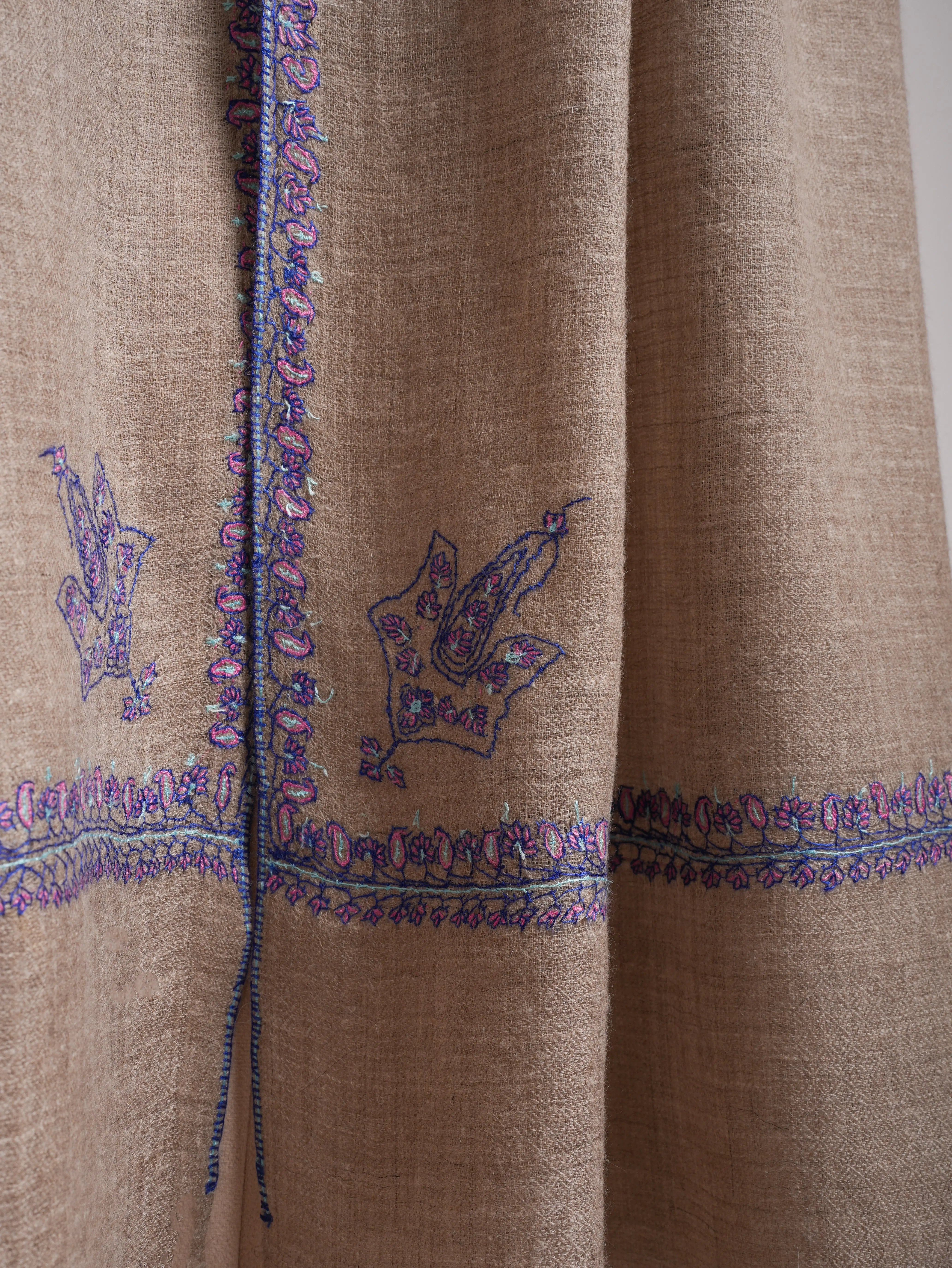 Natural Grey Hashia Embroidered Cashmere Pashmina Stole Shahkaar