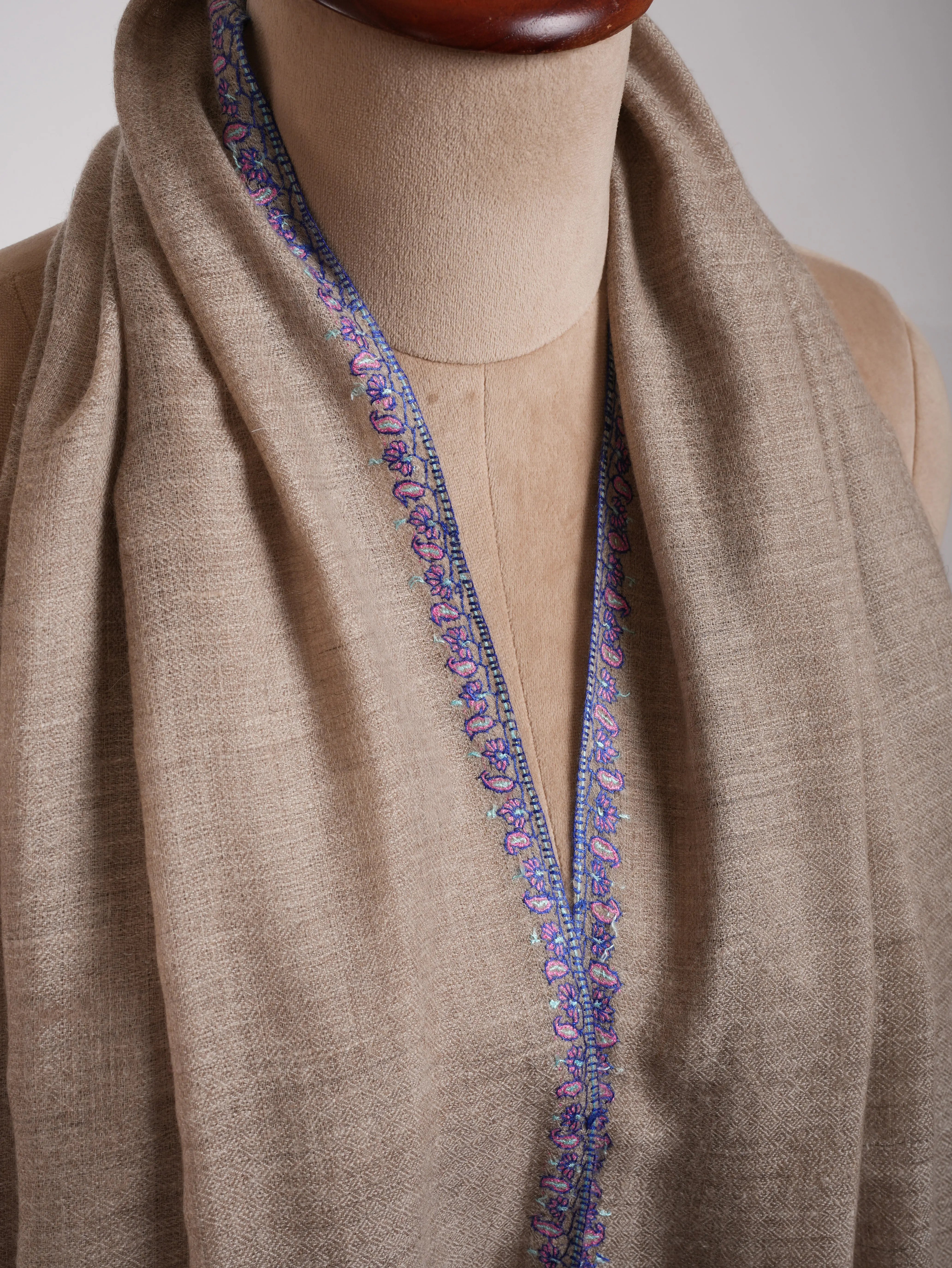 Natural Grey Hashia Embroidered Cashmere Pashmina Stole Shahkaar