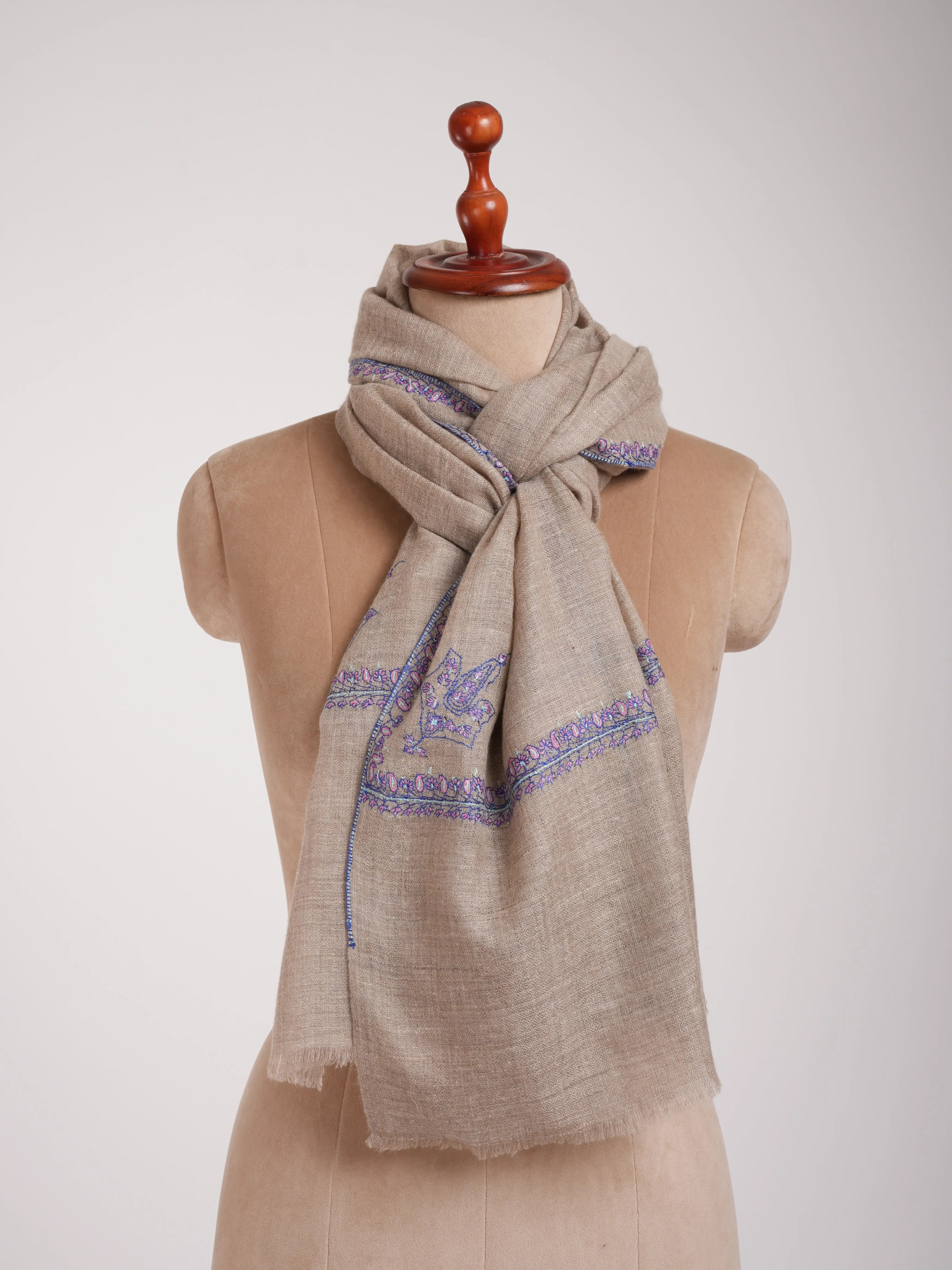 Natural Grey Hashia Embroidered Cashmere Pashmina Stole Shahkaar