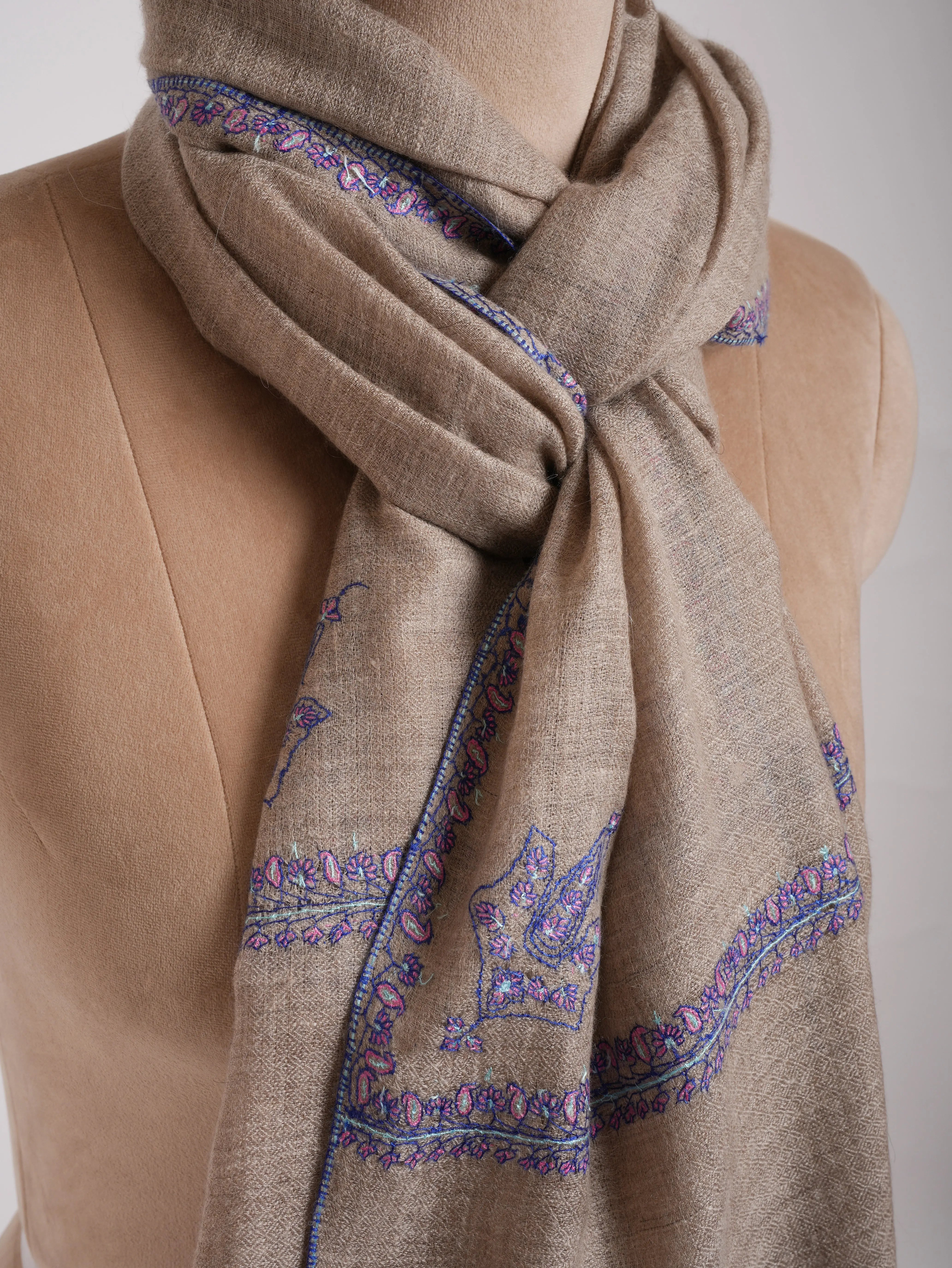 Natural Grey Hashia Embroidered Cashmere Pashmina Stole Shahkaar