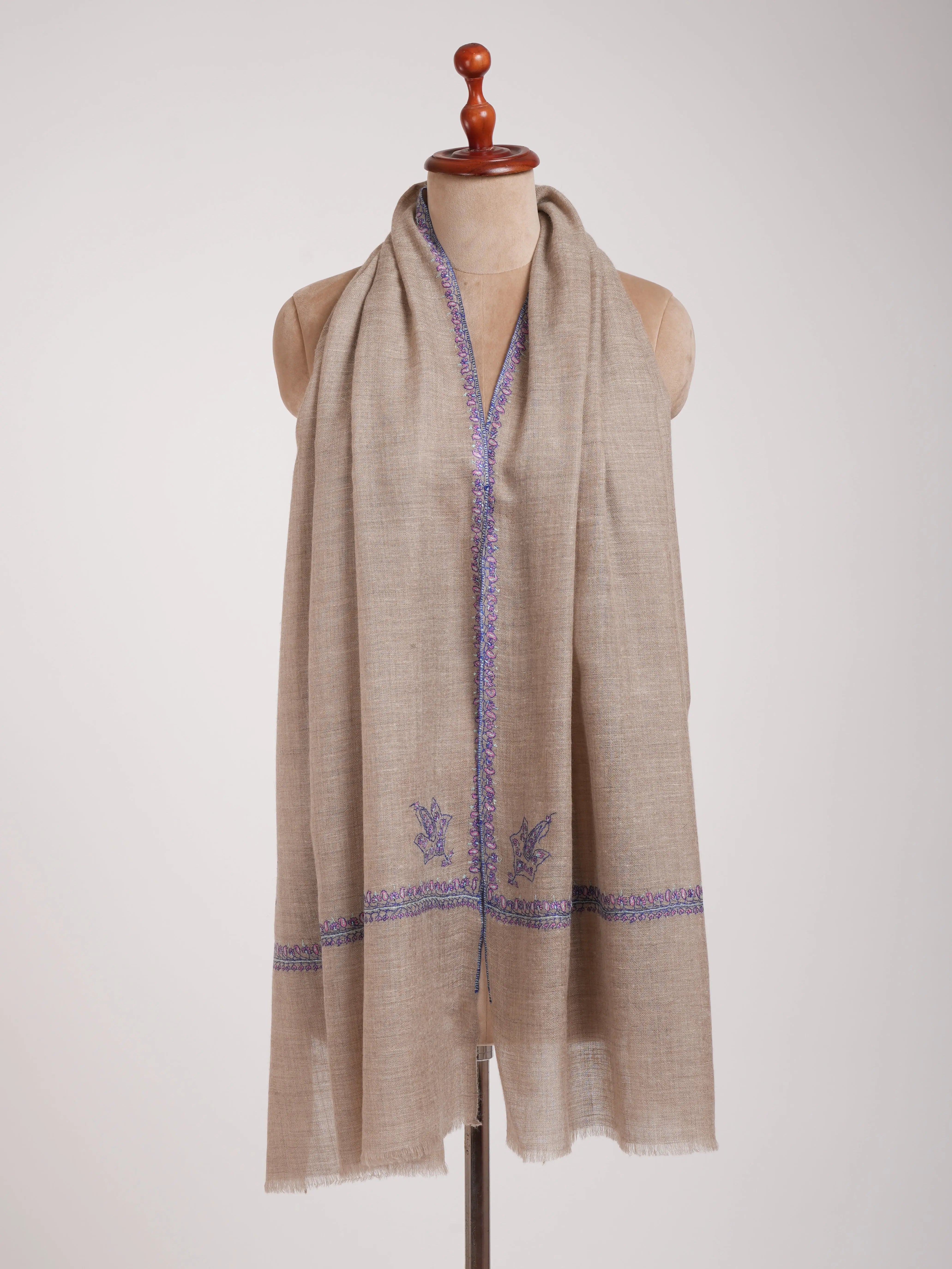Natural Grey Hashia Embroidered Cashmere Pashmina Stole Shahkaar