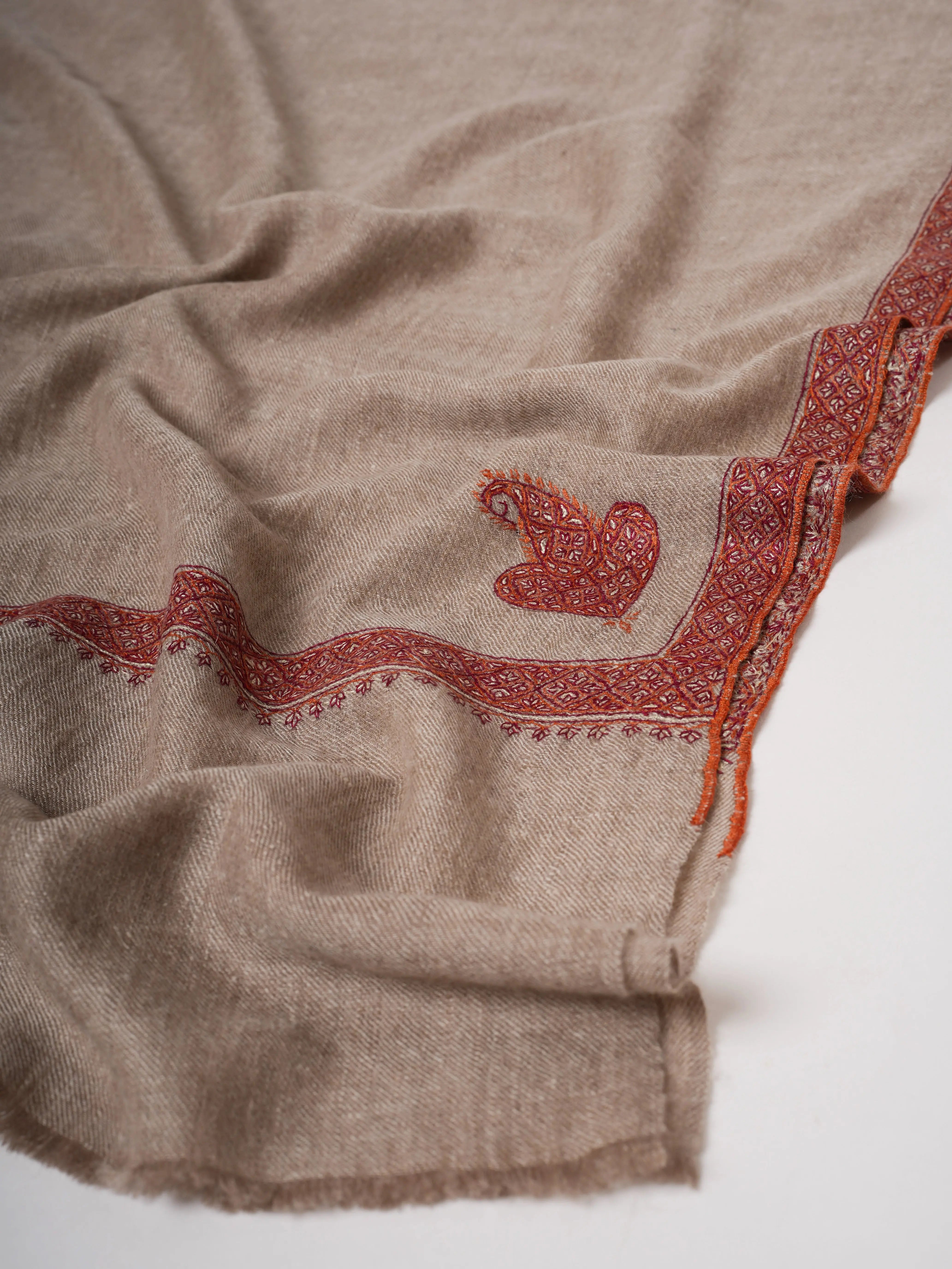 Natural Grey Hashia Embroidered Pure Cashmere Scarf – Handcrafted in Kashmir Shahkaar