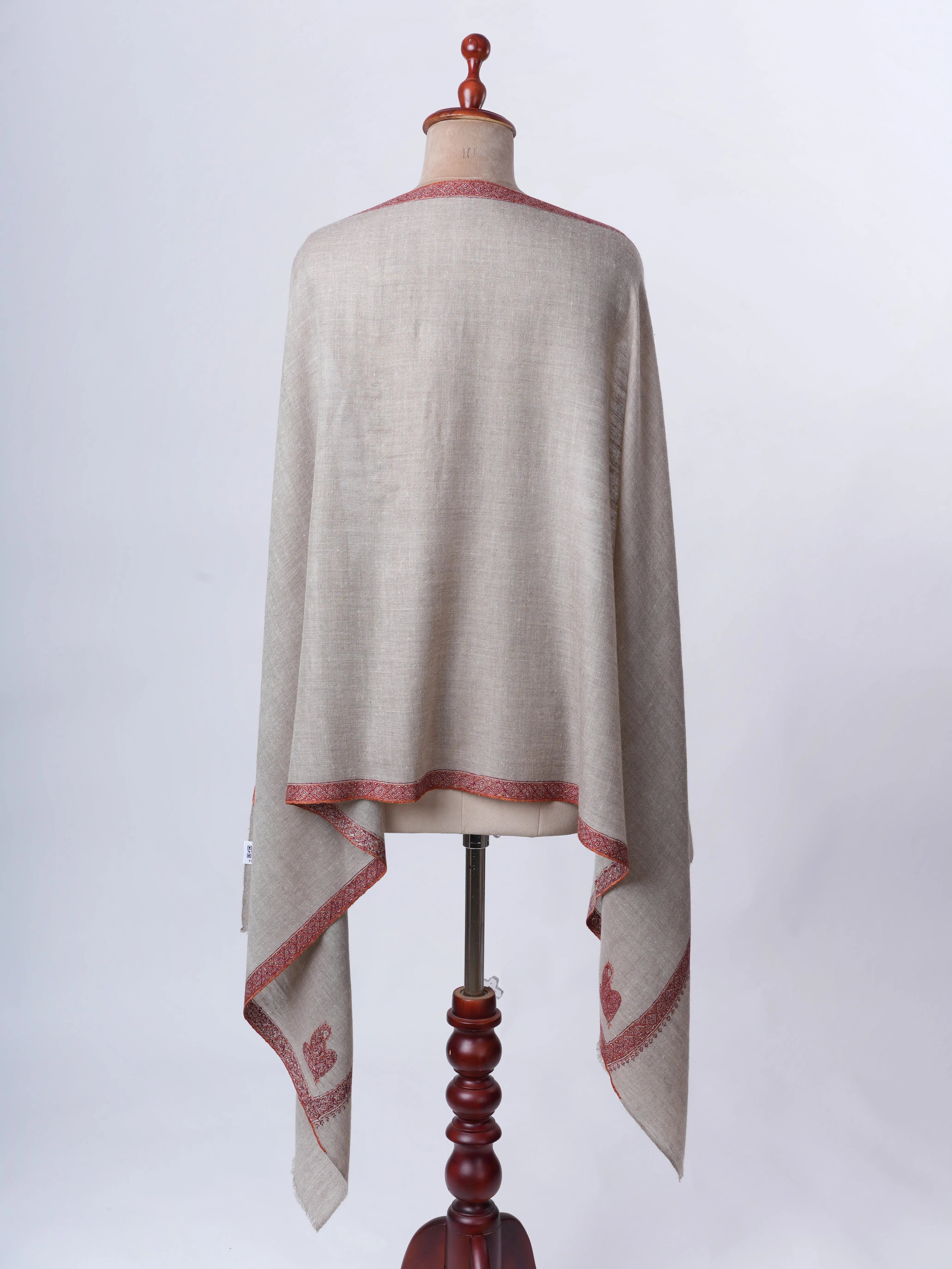 Natural Grey Hashia Embroidered Pure Cashmere Scarf – Handcrafted in Kashmir Shahkaar