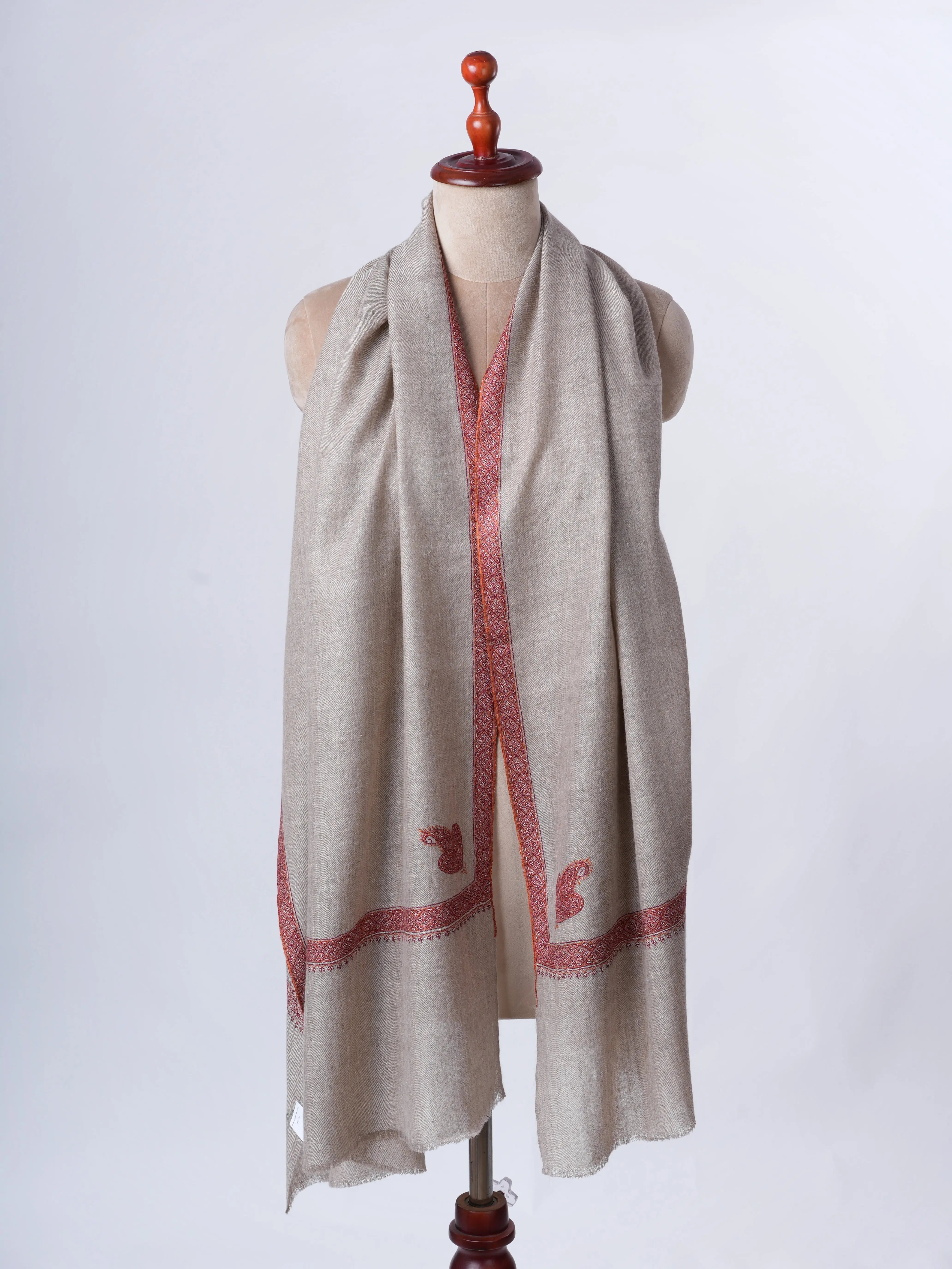 Natural Grey Hashia Embroidered Pure Cashmere Scarf – Handcrafted in Kashmir Shahkaar