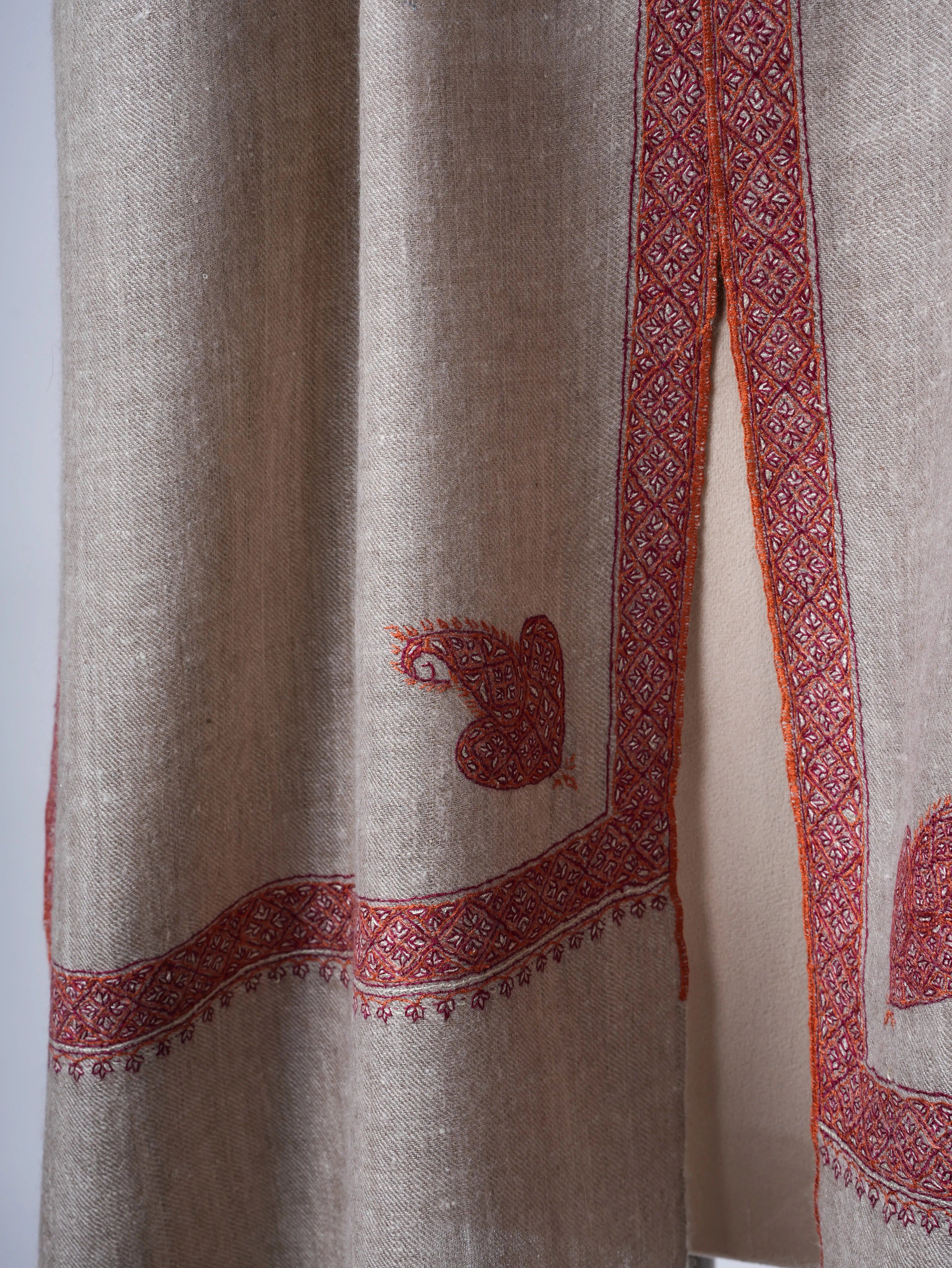Natural Grey Hashia Embroidered Pure Cashmere Scarf – Handcrafted in Kashmir Shahkaar