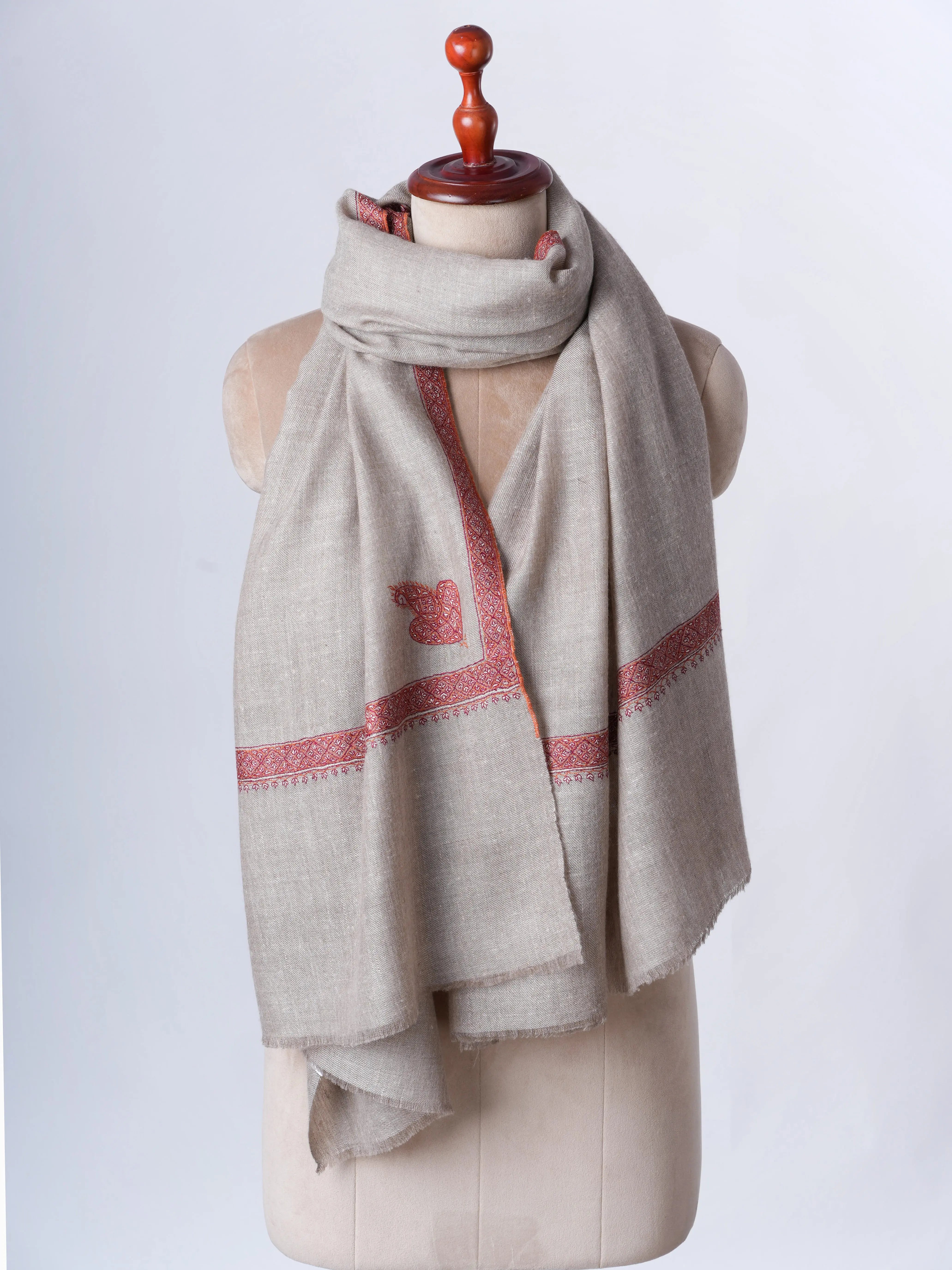Natural Grey Hashia Embroidered Pure Cashmere Scarf – Handcrafted in Kashmir Shahkaar