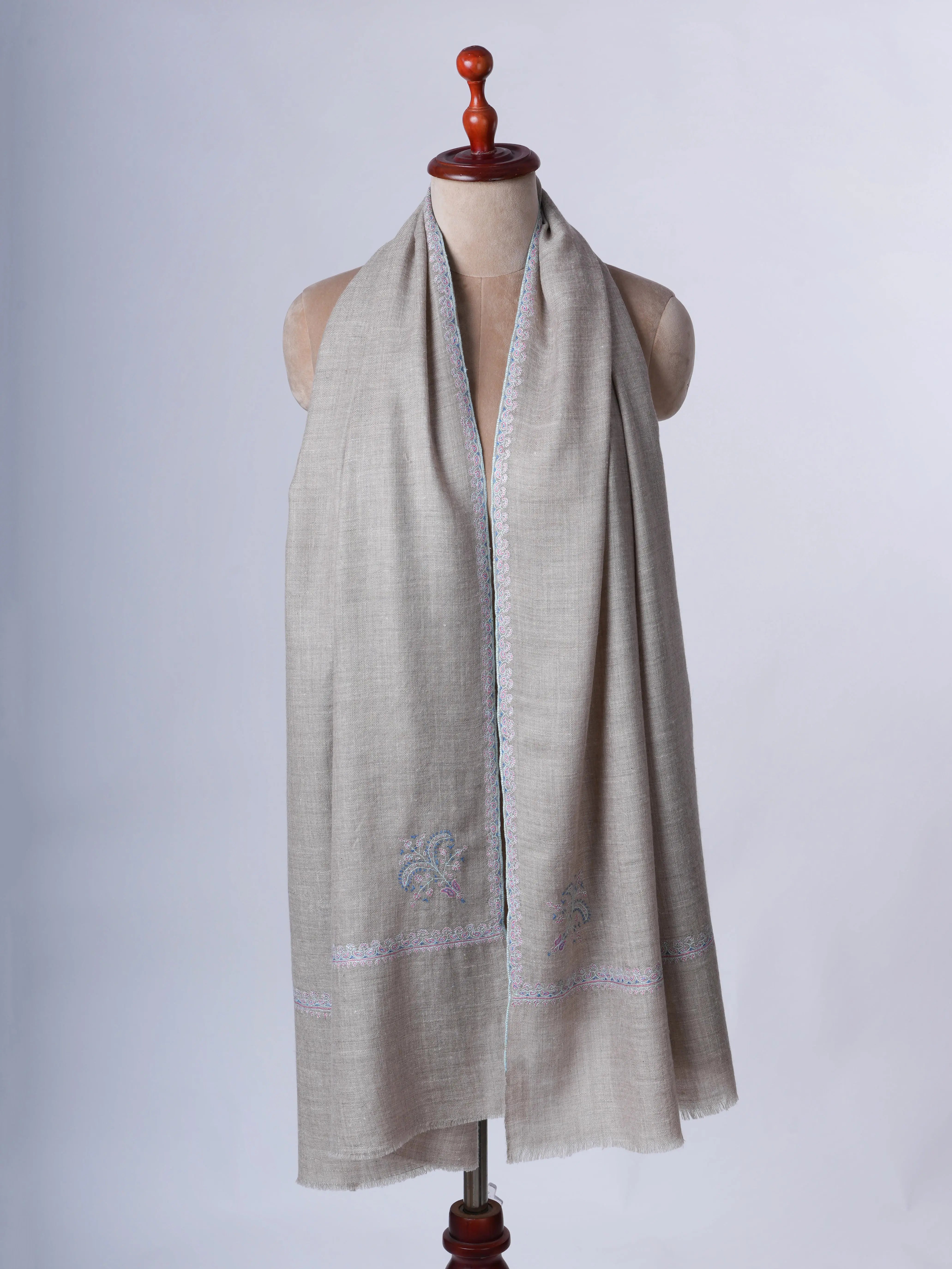 Natural Grey Hashia Hand Embroidered Cashmere Scarf – Baby Soft Shahkaar