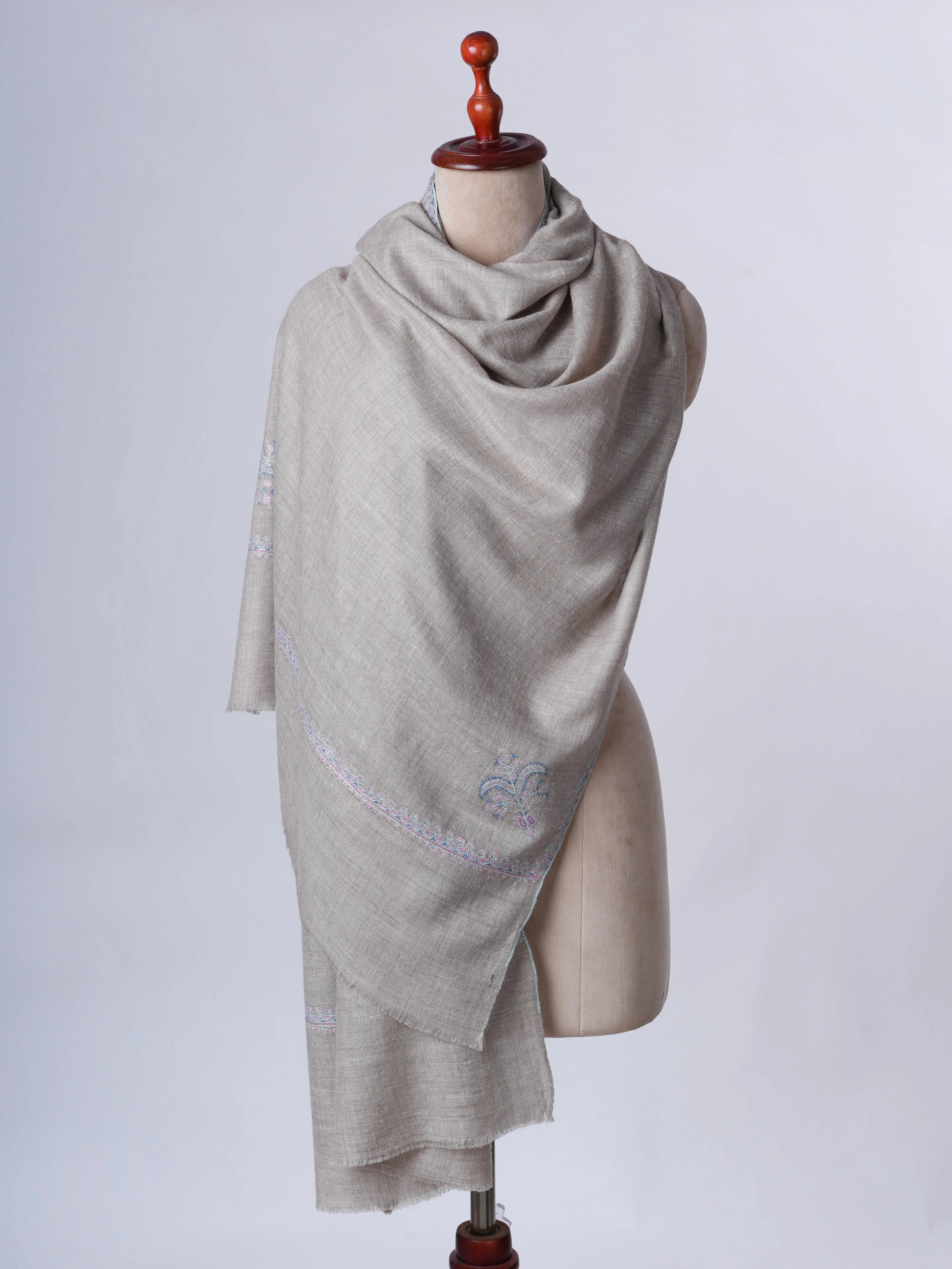 Natural Grey Hashia Hand Embroidered Cashmere Scarf – Baby Soft Shahkaar