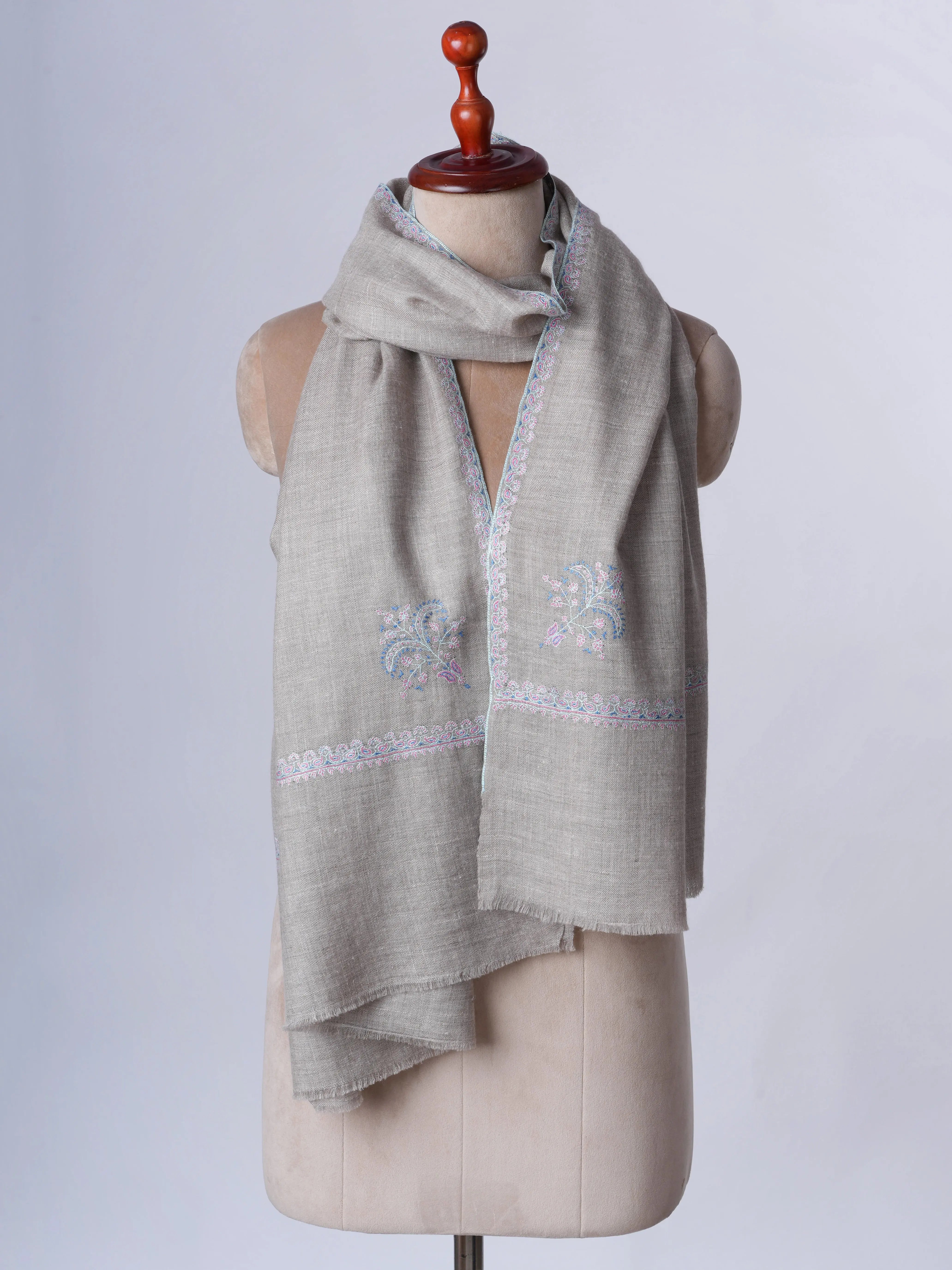Natural Grey Hashia Hand Embroidered Cashmere Scarf – Baby Soft Shahkaar