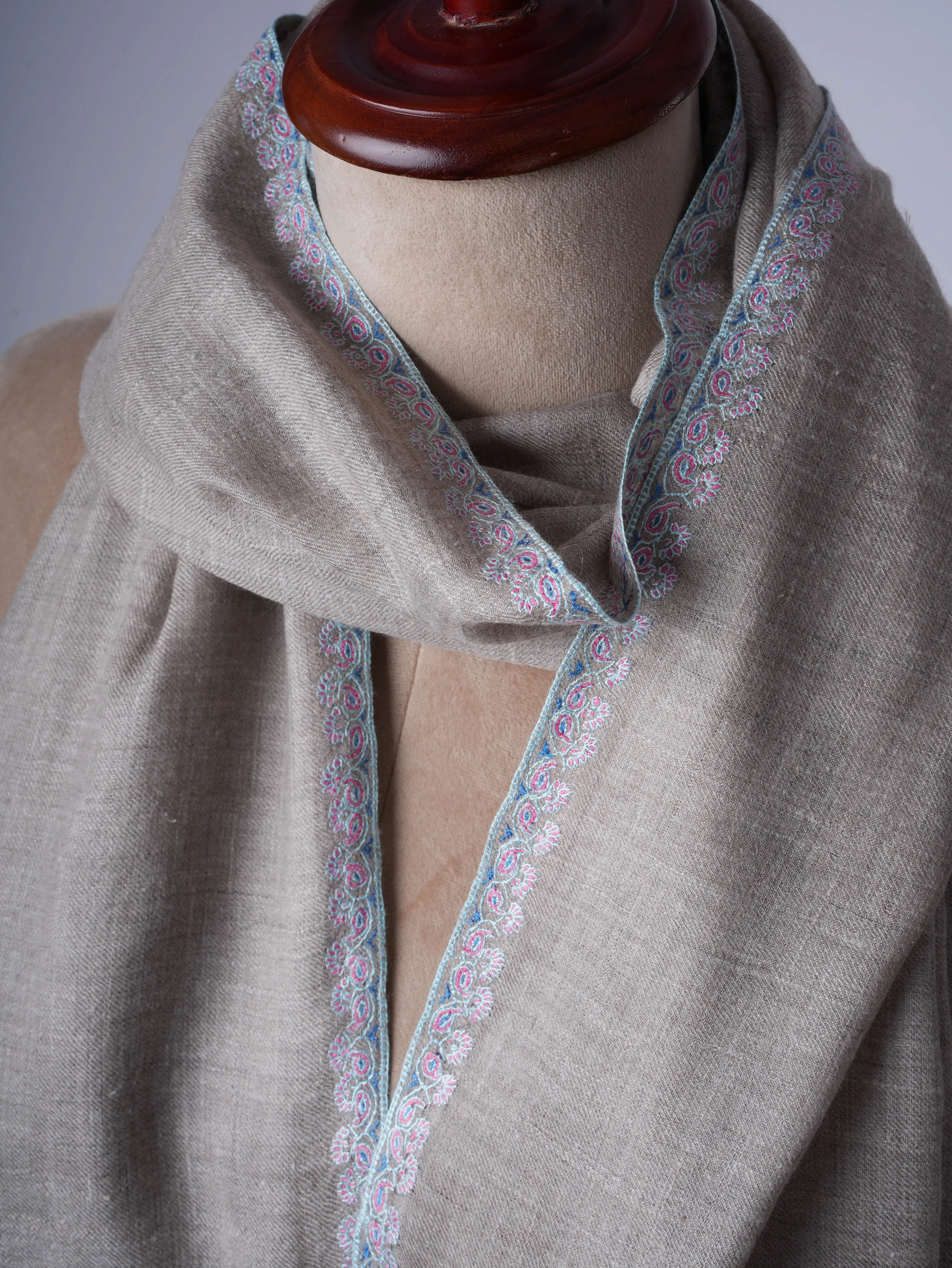 Natural Grey Hashia Hand Embroidered Cashmere Scarf – Baby Soft Shahkaar